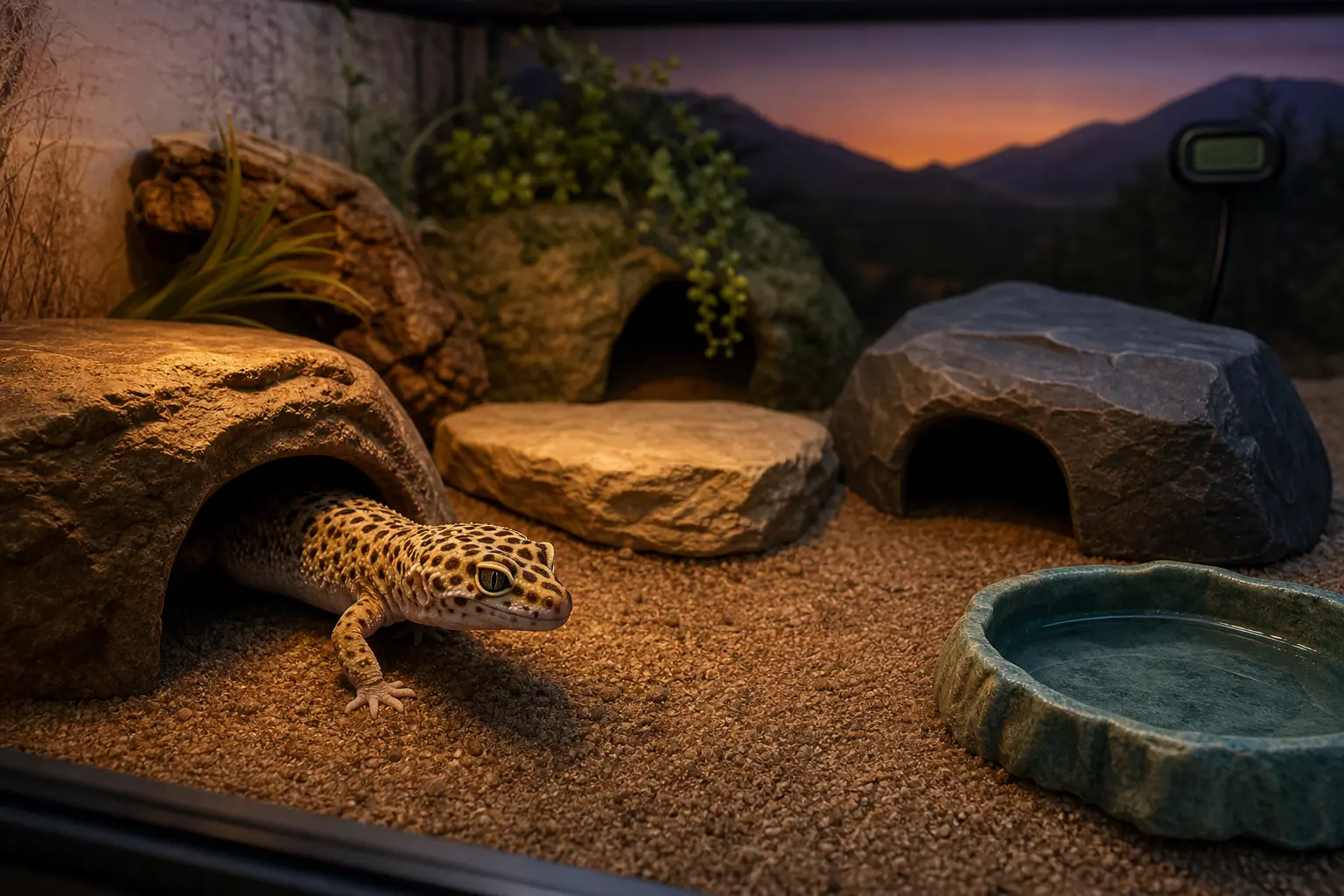 Leopard gecko emerging from a hide in a terrestrial enclosure with three retreats and measured heat.