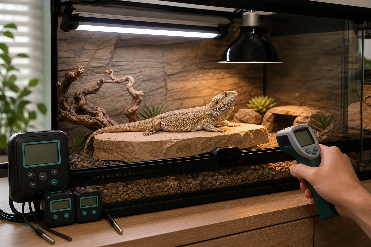 Keeper measuring a bearded dragon basking surface beside thermostat probes and separate UVB and heat fixtures.