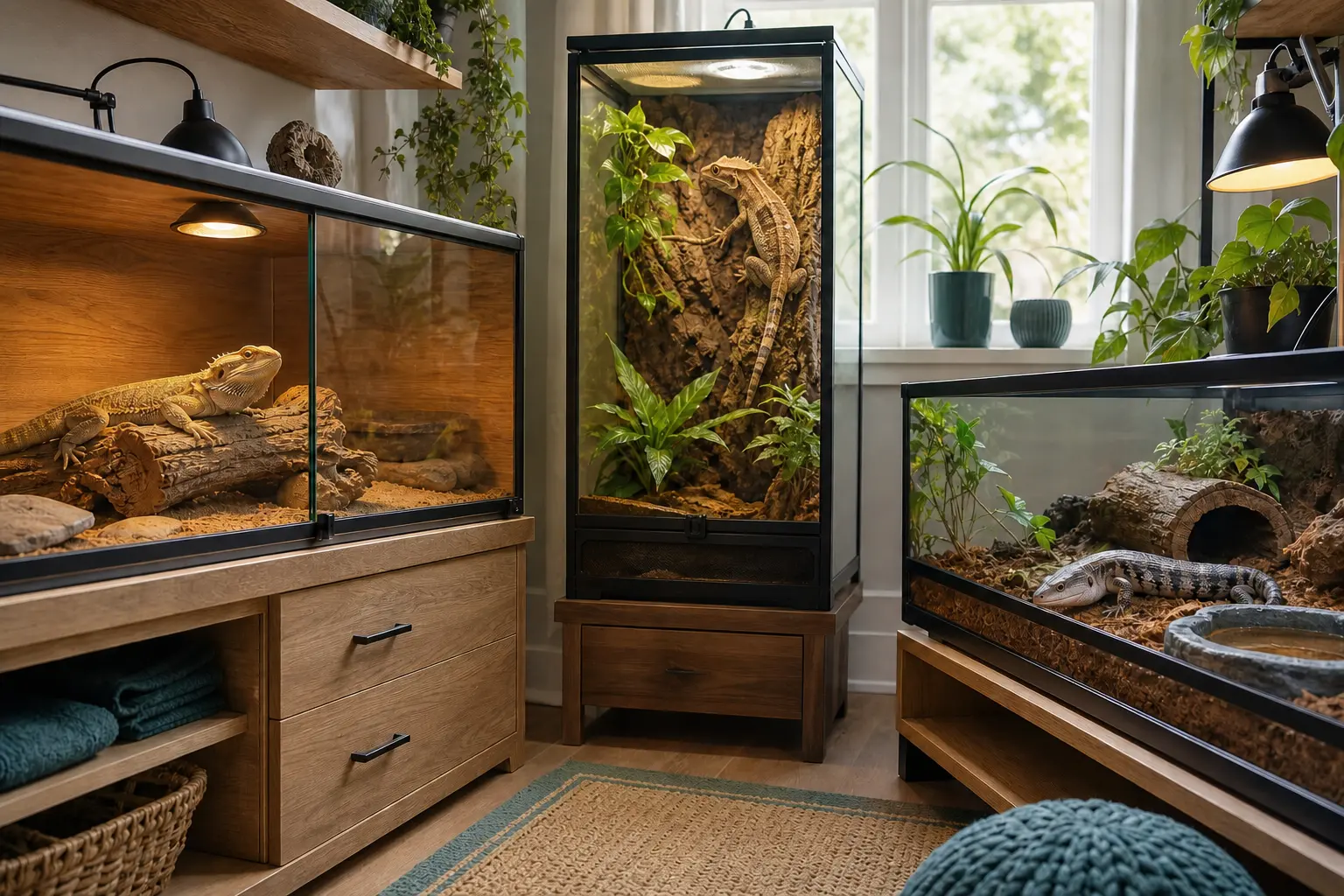 Bearded dragon, crested gecko, and blue-tongued skink in three separate, secure lizard habitats.