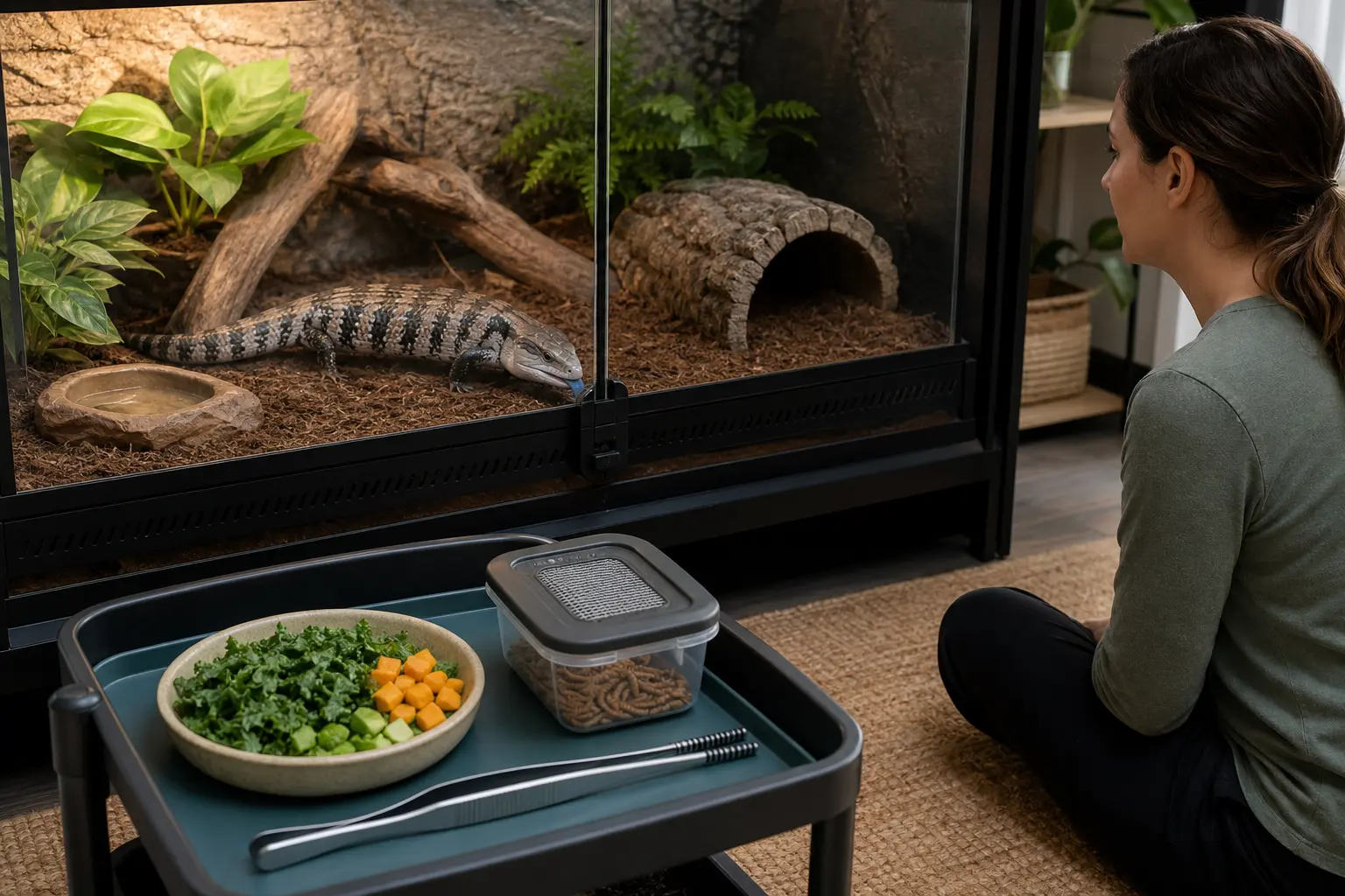 Blue-tongued skink in a secure habitat beside contained feeder insects, prepared greens, and an observing keeper.