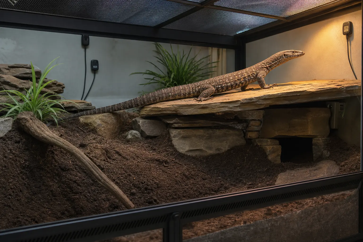 Ackie monitor crossing a basking ledge above deep substrate in a large, secure enclosure.