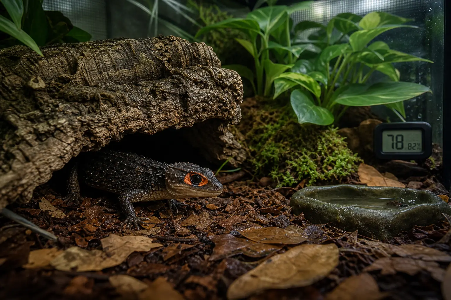 Red-eyed crocodile skink using cork cover in a planted terrarium with leaf litter and a hygrometer.