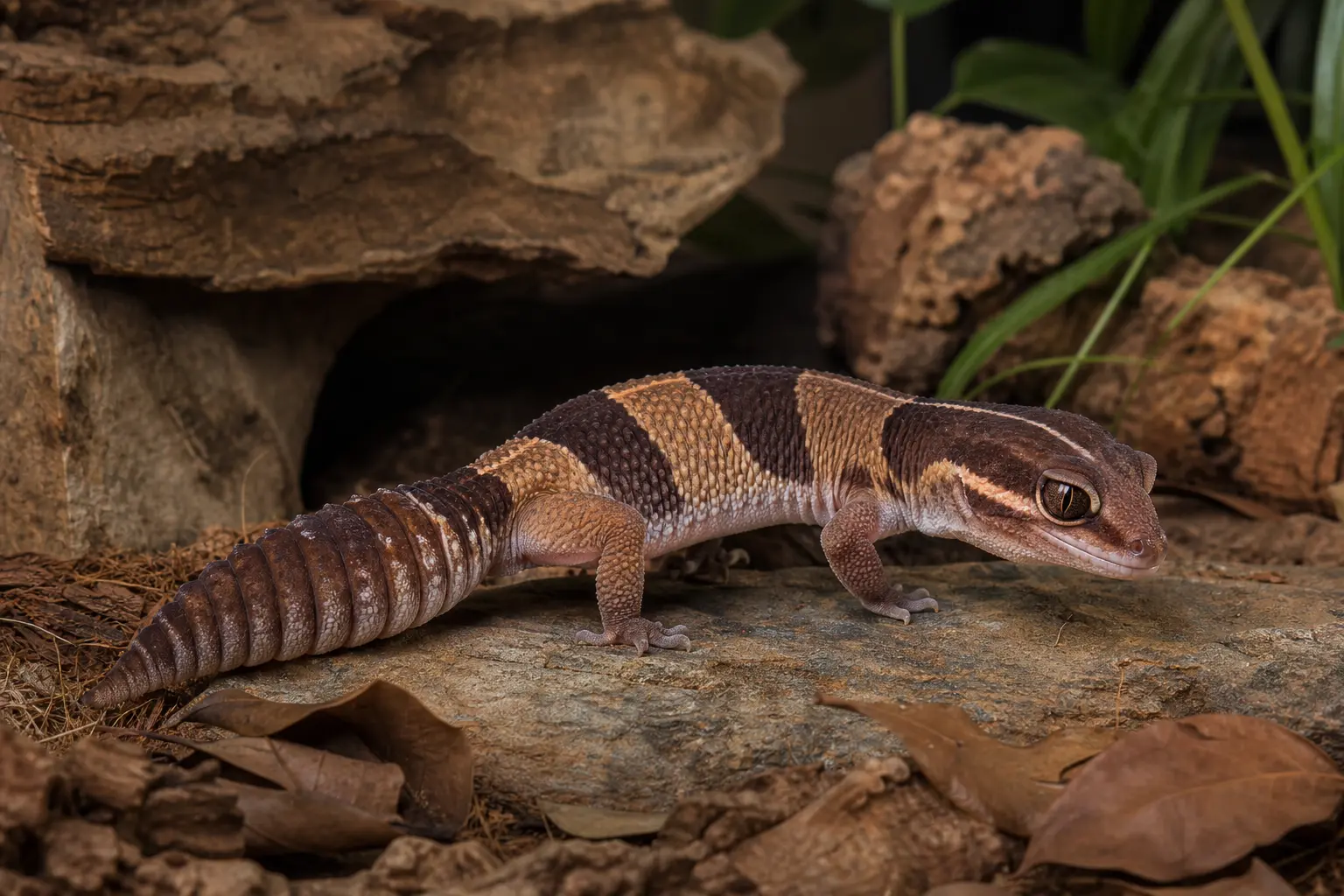 Alert adult African fat-tailed gecko exploring a broad sheltered habitat with warm brown bands, movable eyelids, clawed toes, and a complete plump segmented tail in view.