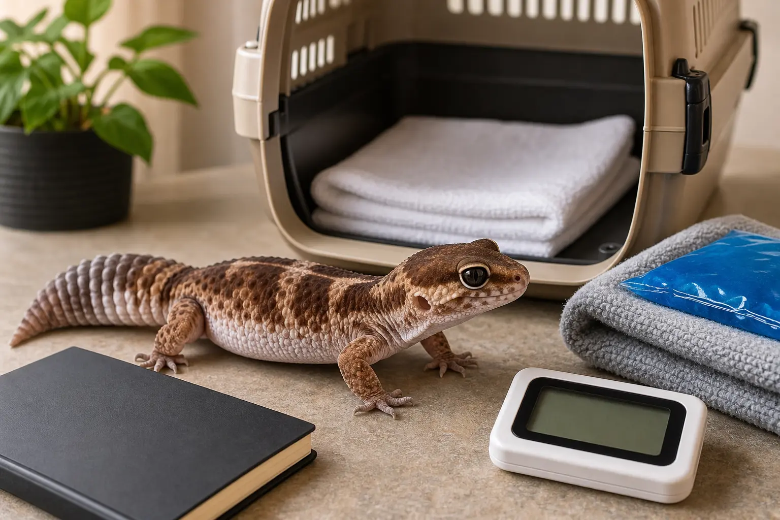 Healthy adult African fat-tailed gecko beside a secure ventilated carrier, clean liner, digital thermometer, blank care notebook, and safely buffered temperature pack.