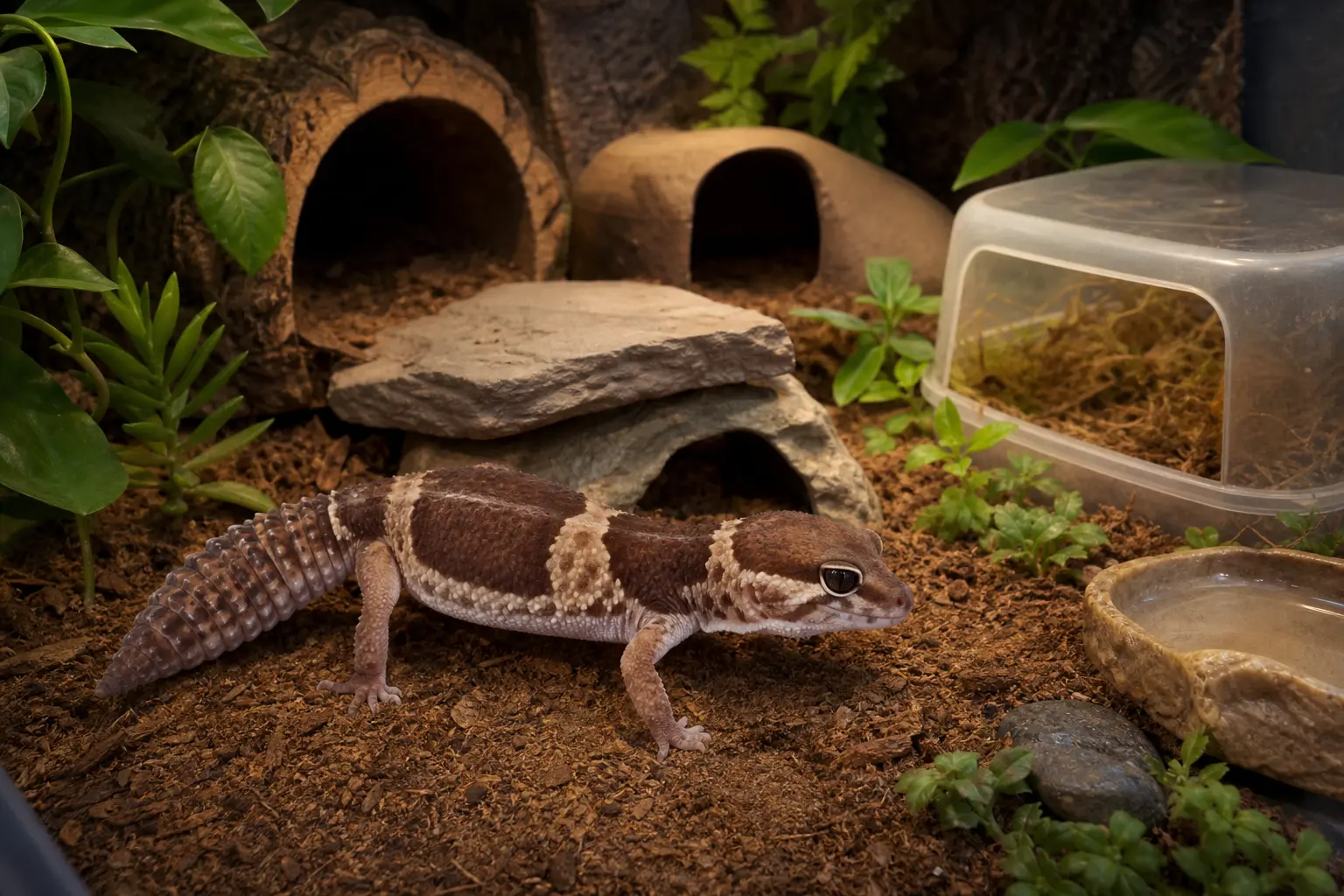 Adult African fat-tailed gecko in a broad sheltered enclosure with secure warm and cool hides, a separate humid refuge, low stable cover, fresh water, and clean substrate.