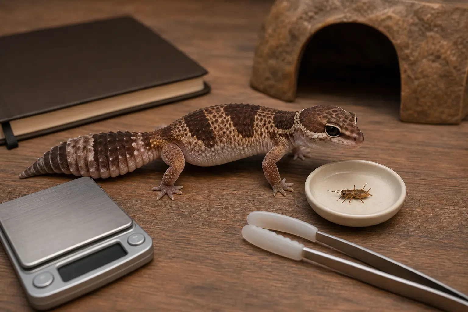 Adult African fat-tailed gecko beside a measured evening insect meal, soft feeding tongs, a gram scale, and a closed care notebook.