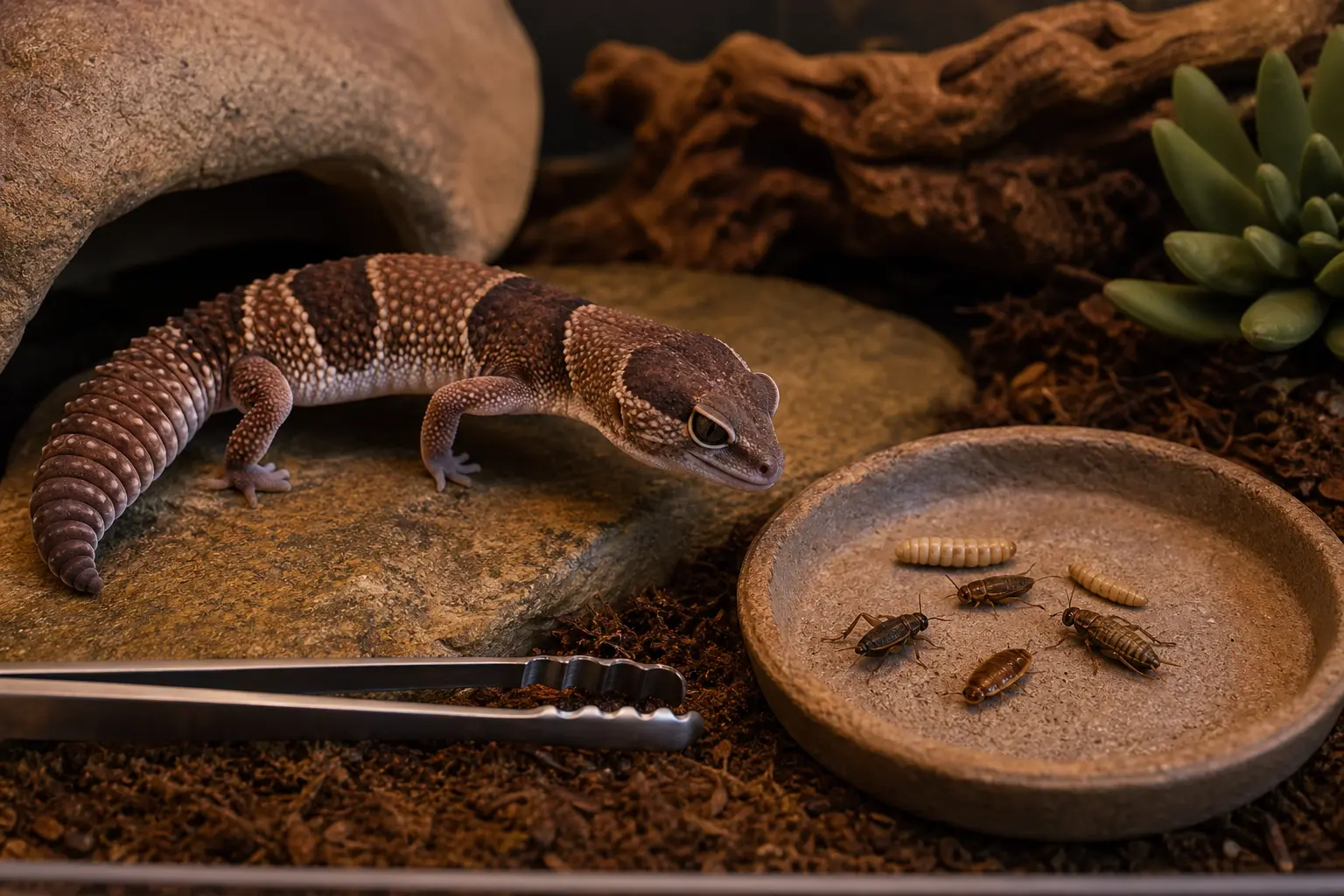 Adult African fat-tailed gecko approaching a varied modest meal of appropriately sized captive-bred feeder insects in a clean feeding area.