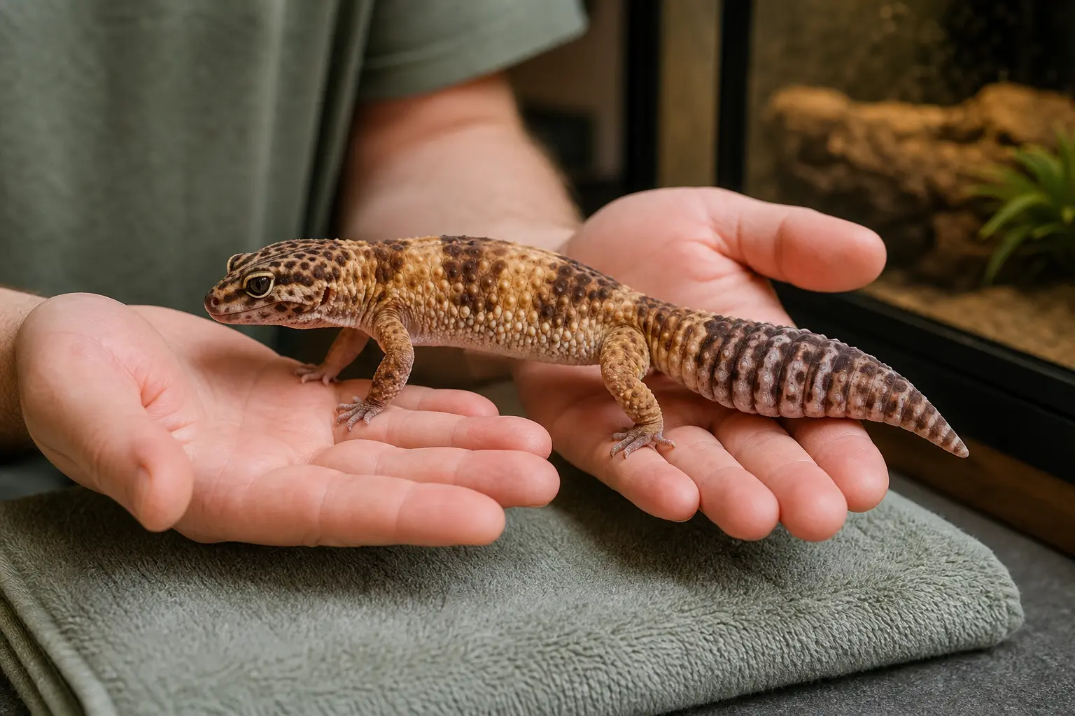 Adult African fat-tailed gecko walking calmly across two open hands with its whole body supported and its plump tail completely free.