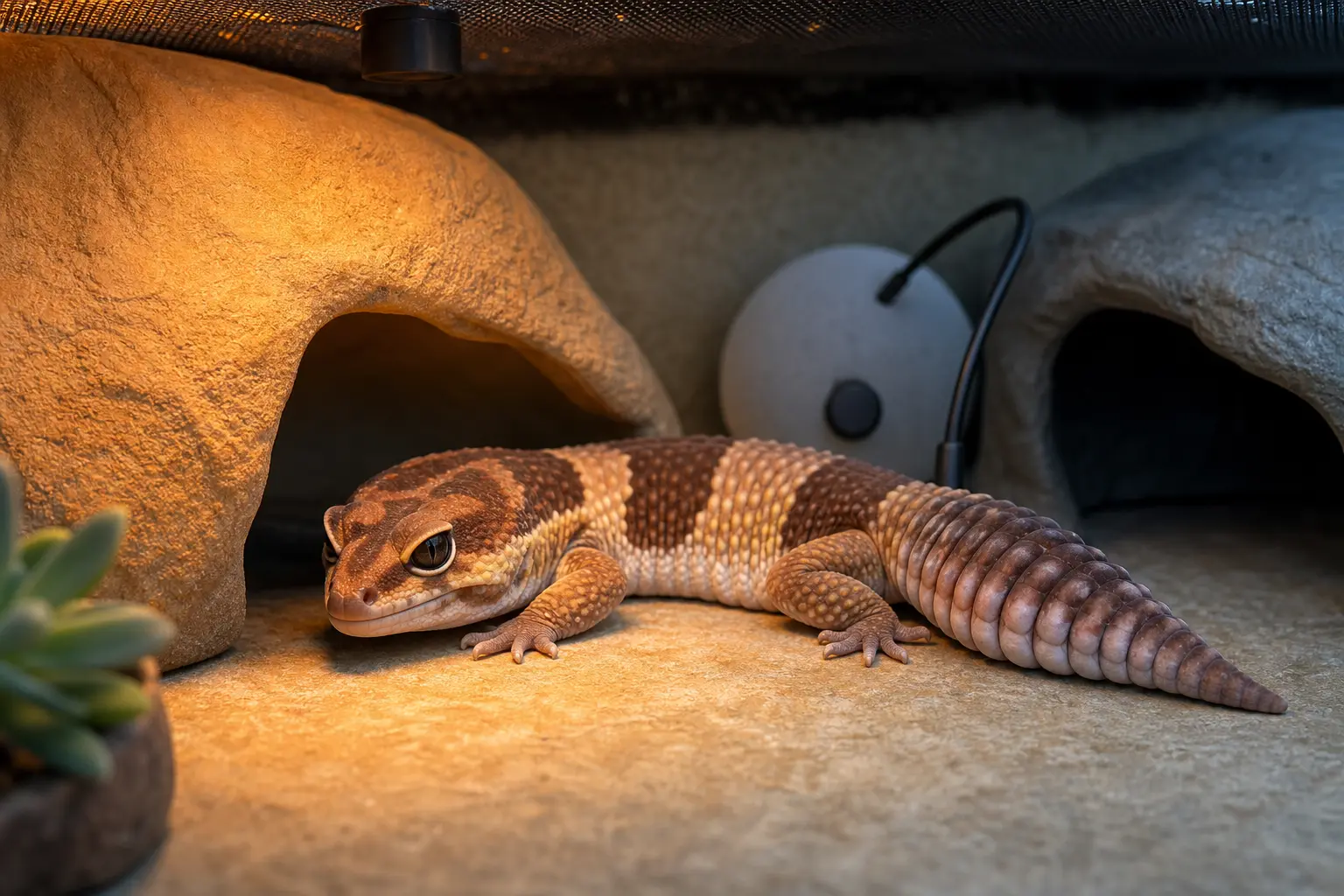 Adult African fat-tailed gecko resting in a warm retreat beneath guarded thermostat-controlled overhead heat with fixed probes and a cooler covered retreat.