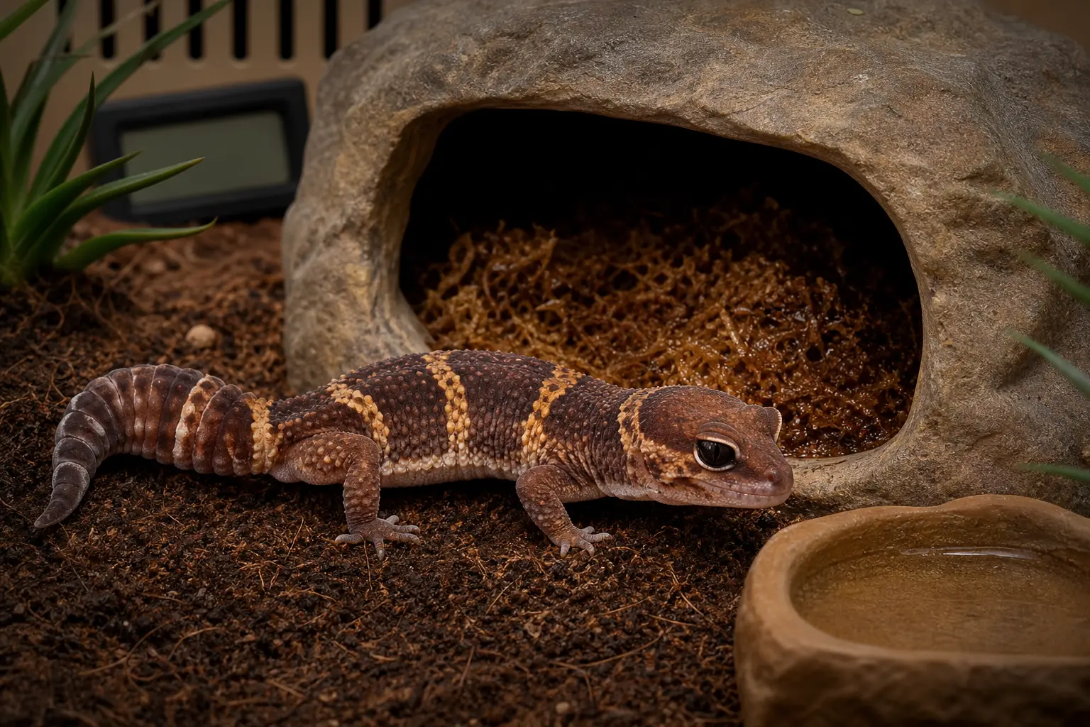 Adult African fat-tailed gecko beside a clean humid refuge in a ventilated habitat with fresh water, clean substrate, and a blank digital hygrometer.