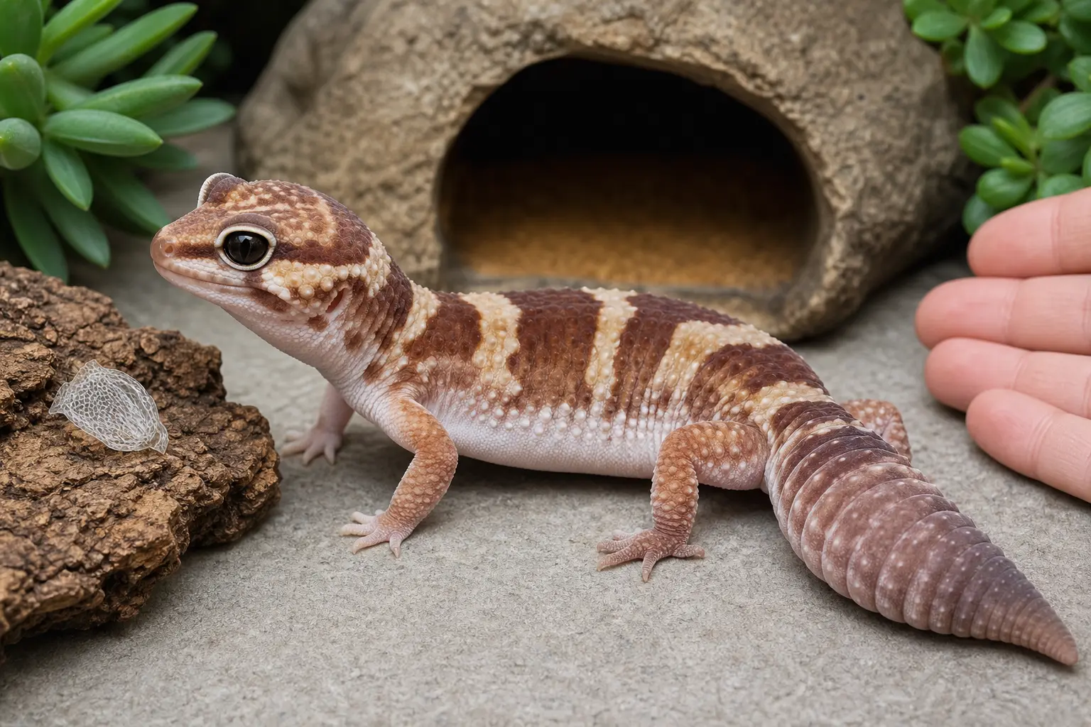 Adult African fat-tailed gecko with clear eyes and visible toes beside a humid retreat while a keeper visually checks the skin and complete tail without pulling shed.