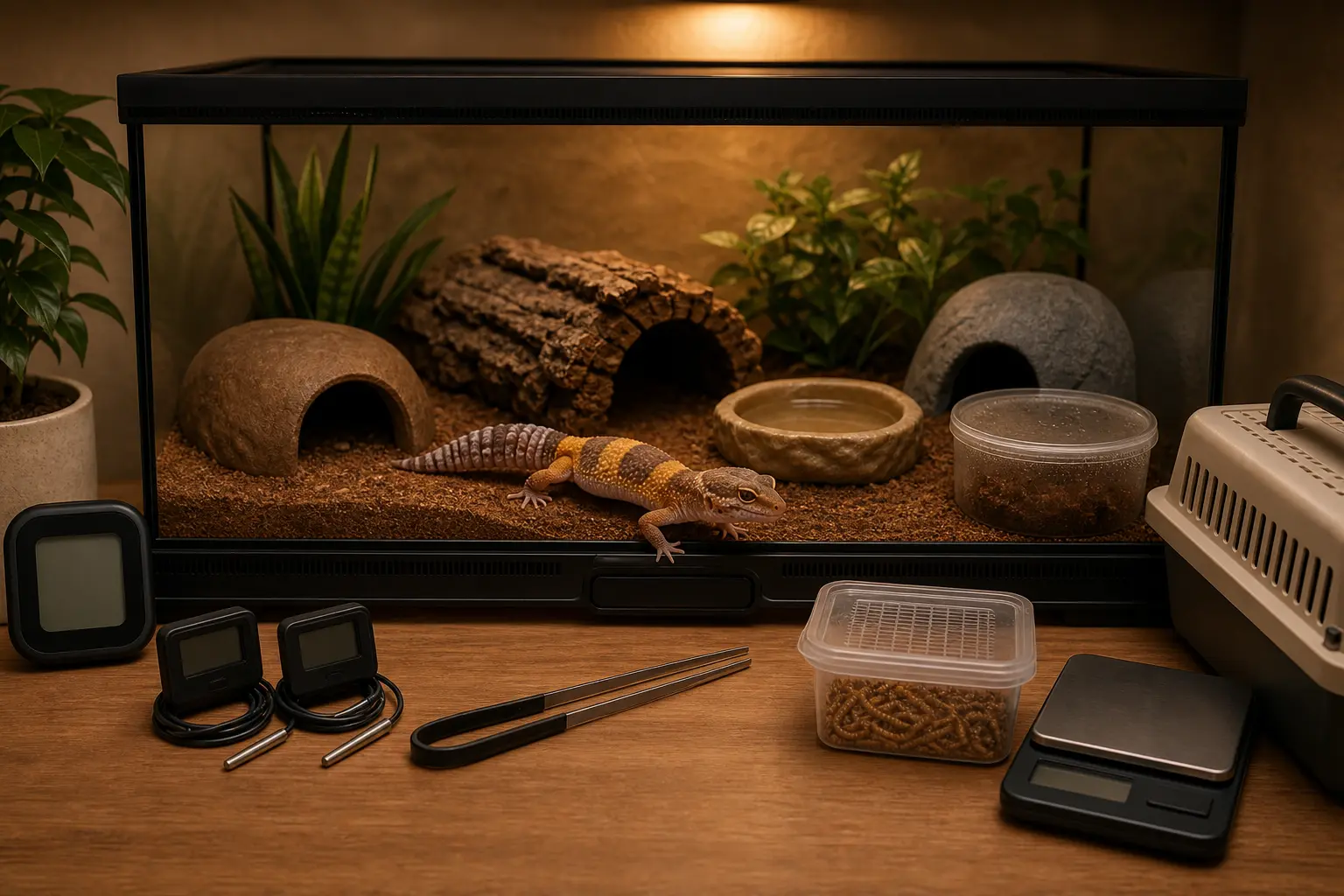 Adult African fat-tailed gecko in a finished broad habitat beside organized climate controls, gentle lighting, insect-care tools, a gram scale, and a ventilated carrier.