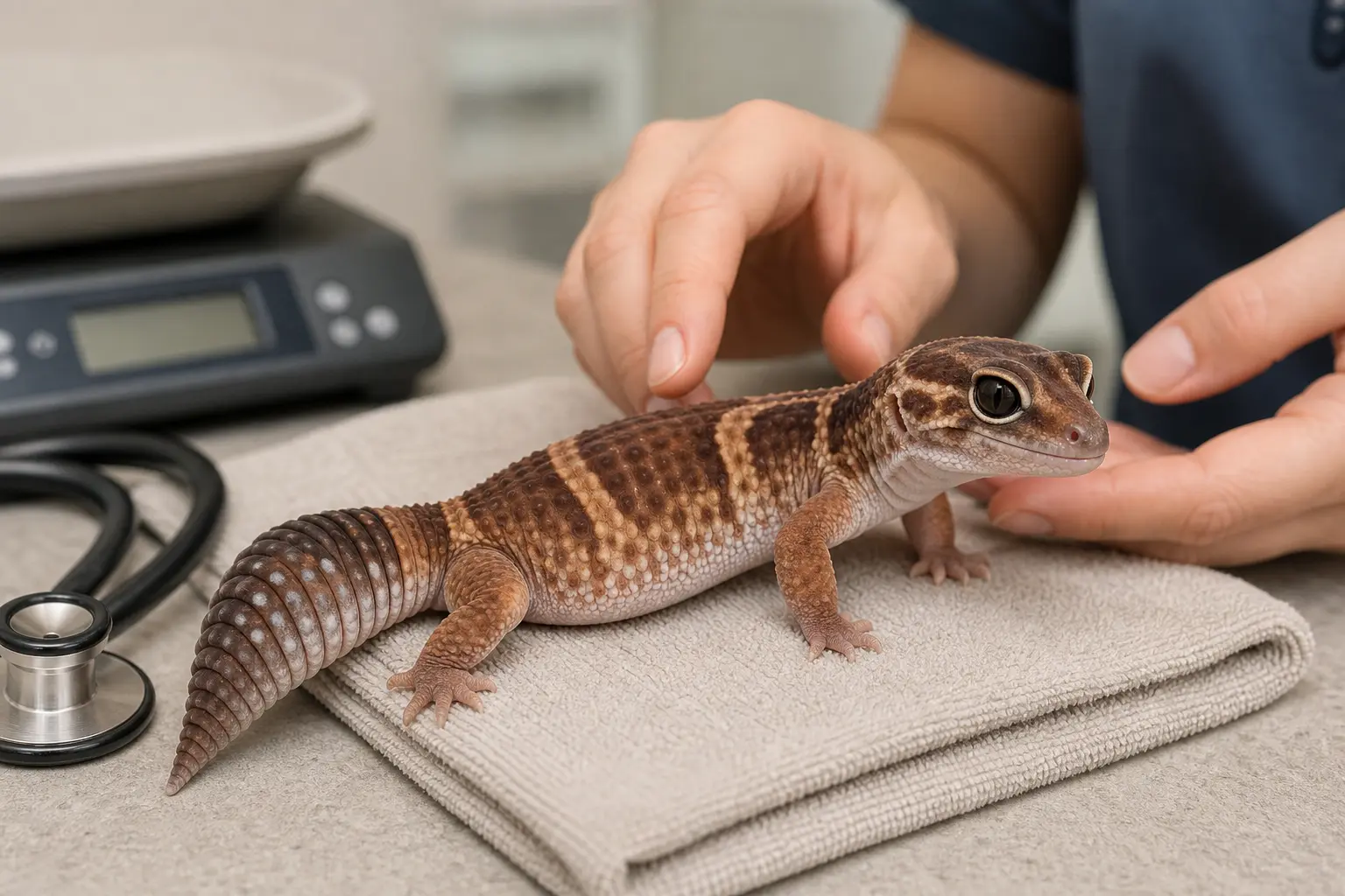 Healthy adult African fat-tailed gecko receiving a calm routine examination from a reptile veterinarian on a clean towel.