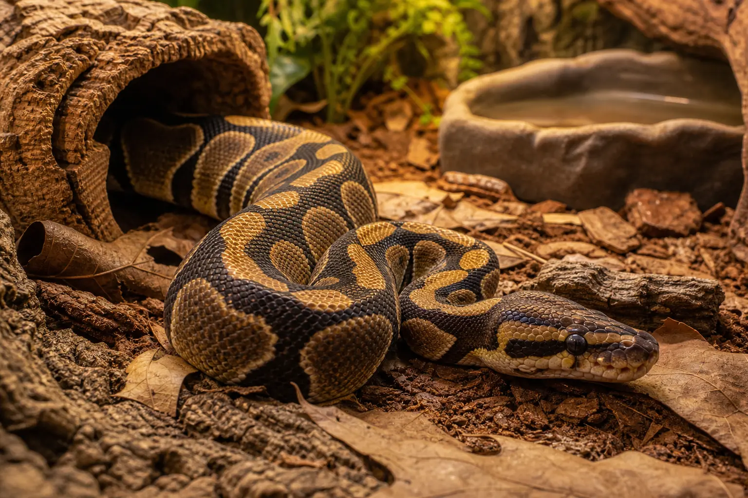 Alert adult ball python exploring a secure naturalistic enclosure with its stout dark-brown and golden patterned body, broad head, and clear eye in view.