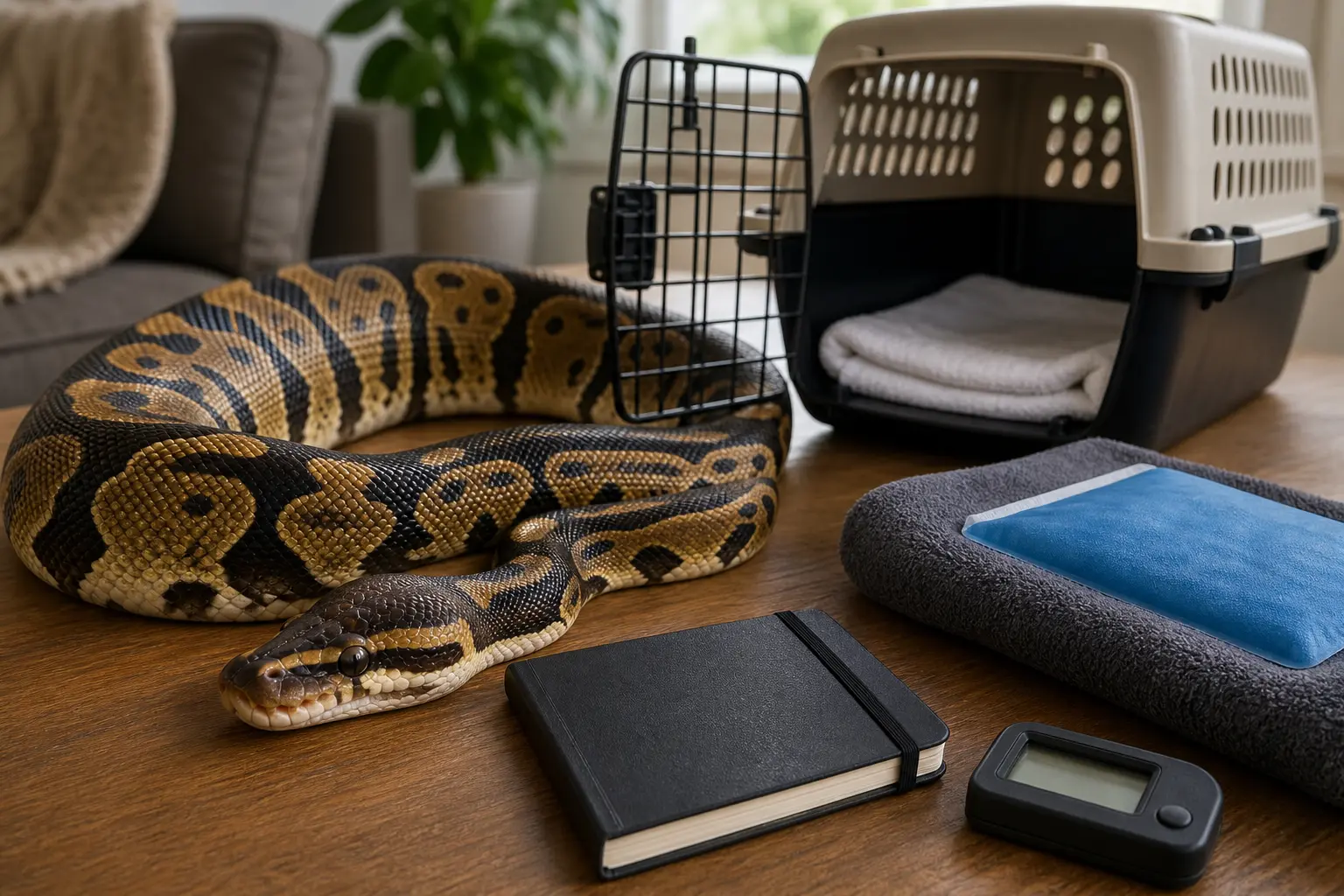 Healthy adult ball python beside a latched ventilated carrier, clean liner, digital thermometer, blank care notebook, and safely buffered temperature pack.