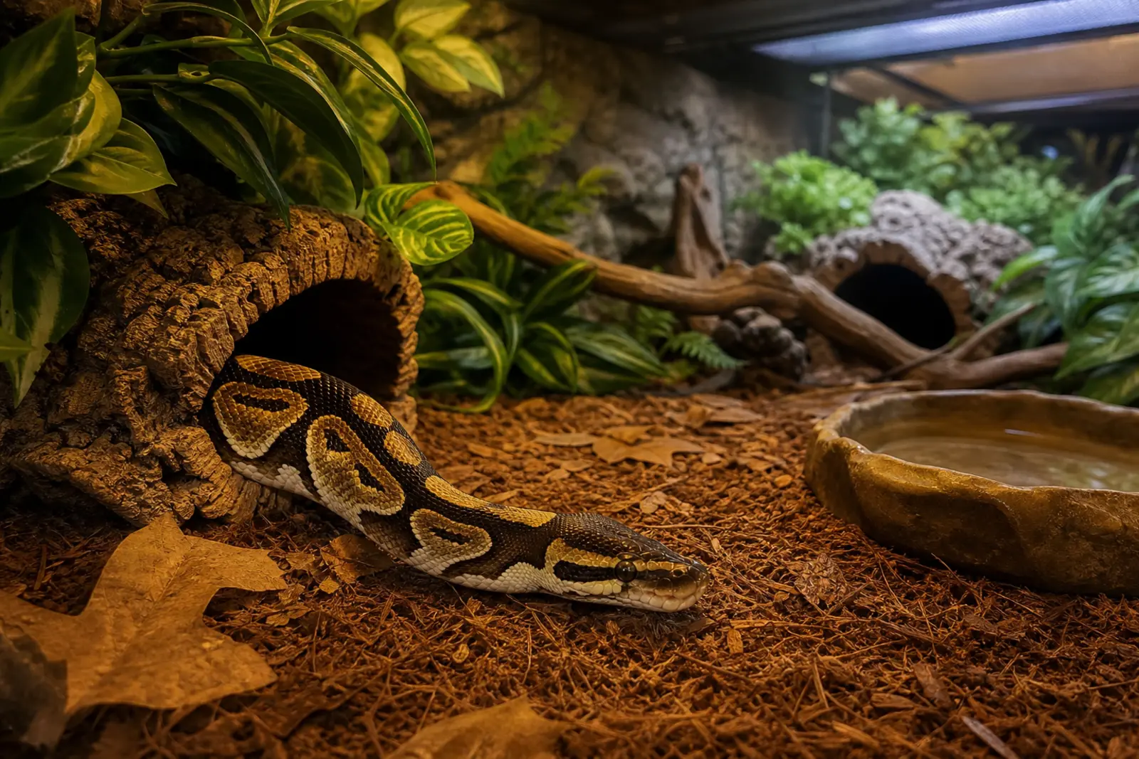 Adult ball python emerging from a snug hide in a secure spacious enclosure with dense cover, a second hide, a low branch, and fresh water.