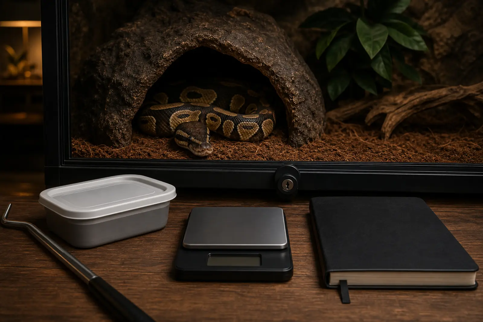 Adult ball python watching from a snug hide beside a sealed prey container, feeding tongs, a gram scale, and a closed care notebook.