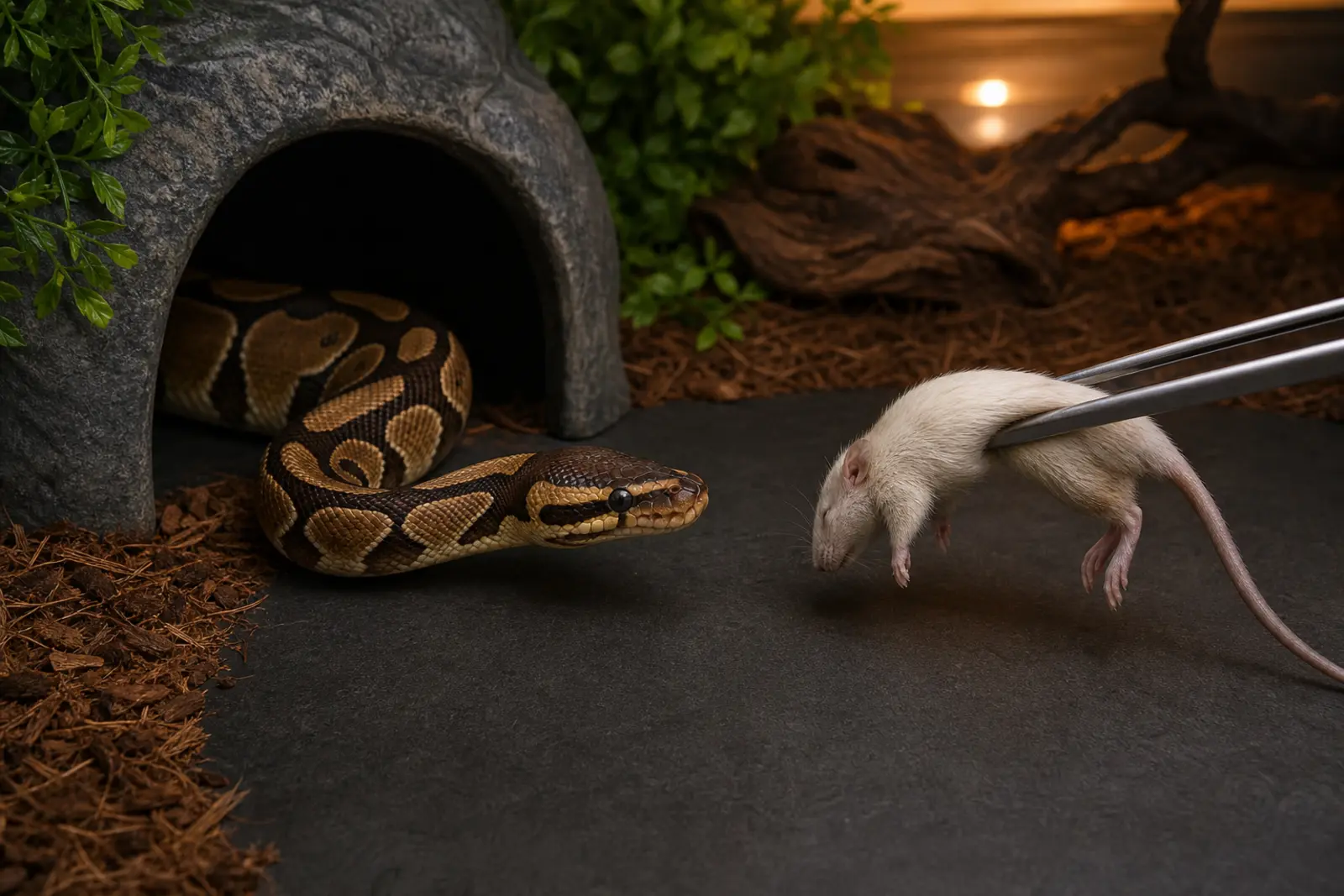 Adult ball python calmly watching an appropriately sized thawed feeder rodent presented with long feeding tongs.