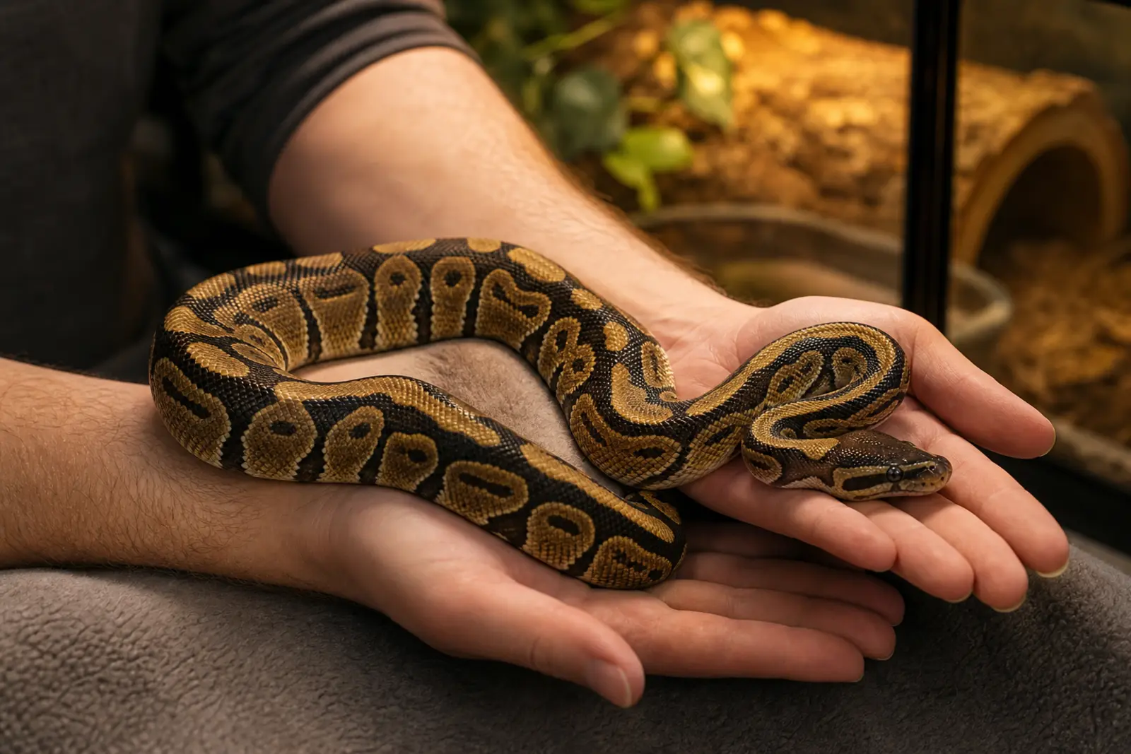 Adult ball python moving calmly across two open hands and forearms with its whole body supported.