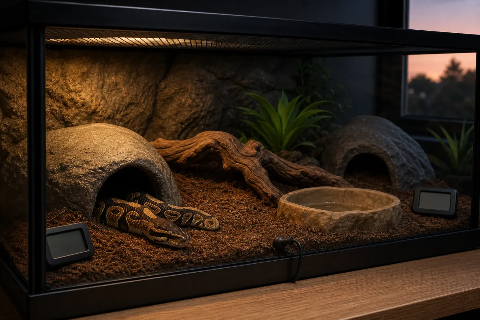 Adult ball python resting in a warm hide beneath guarded heat with fixed probes, blank thermometers, and a cool hide across the gradient.