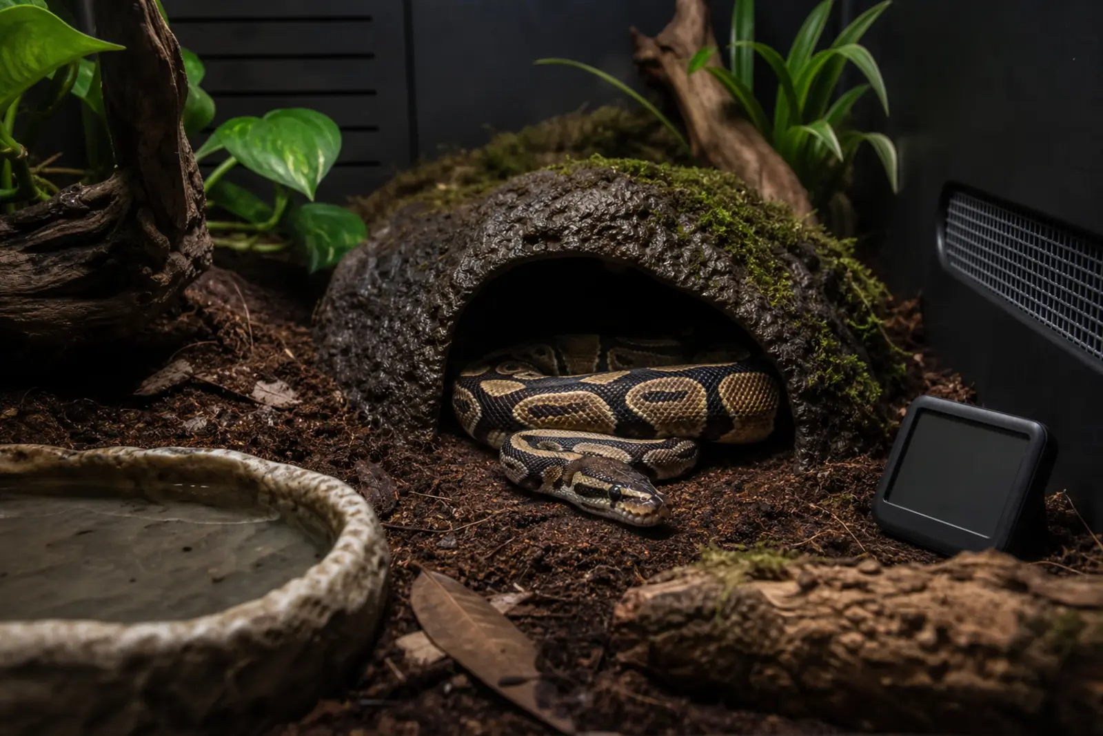Adult ball python at a snug hide entrance in a humid ventilated enclosure with fresh water and a blank hygrometer.
