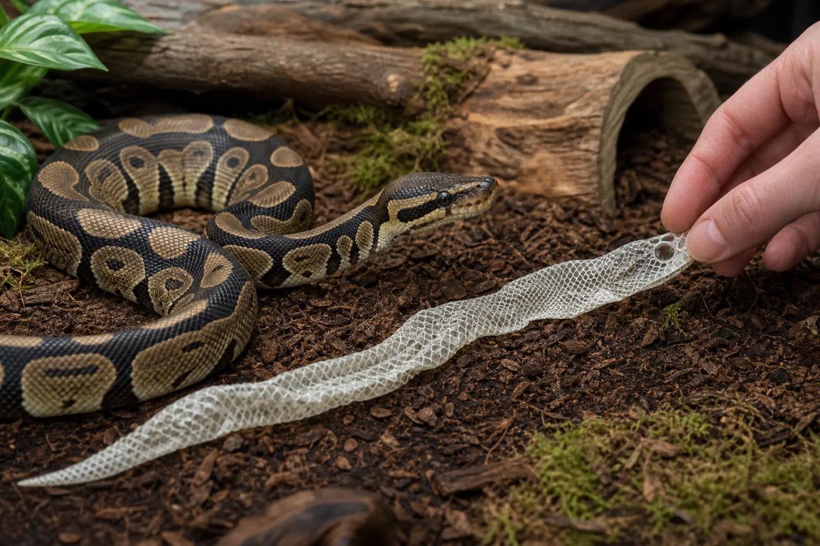 Adult ball python beside a complete shed skin while a keeper checks the empty shed for eye caps and the tail tip.