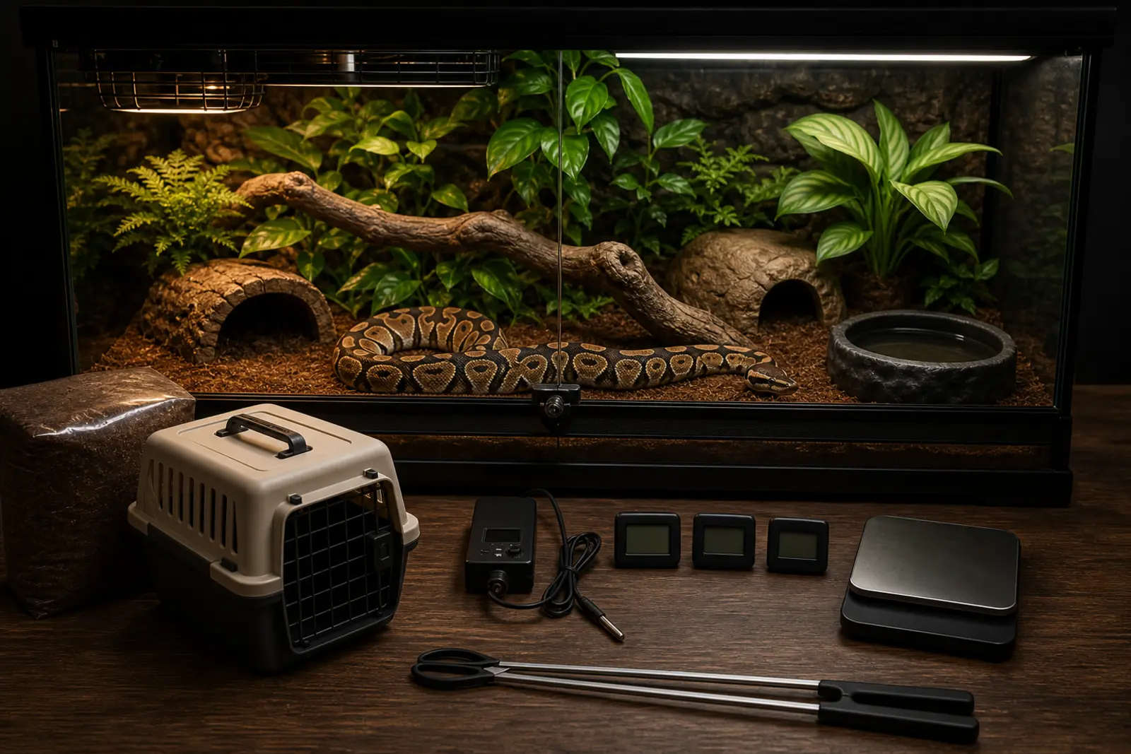 Adult ball python in a finished secure habitat beside organized climate controls, lighting, feeding tools, a scale, and a carrier.