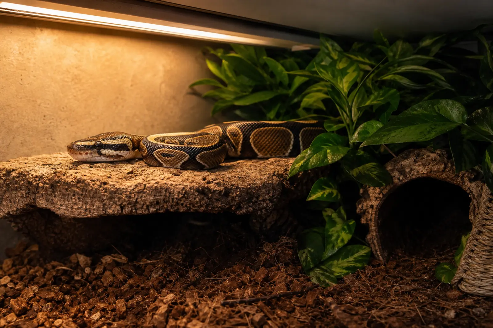 Adult ball python using a gently lit cork ledge beneath linear UVB beside dense shade and a snug dark hide.