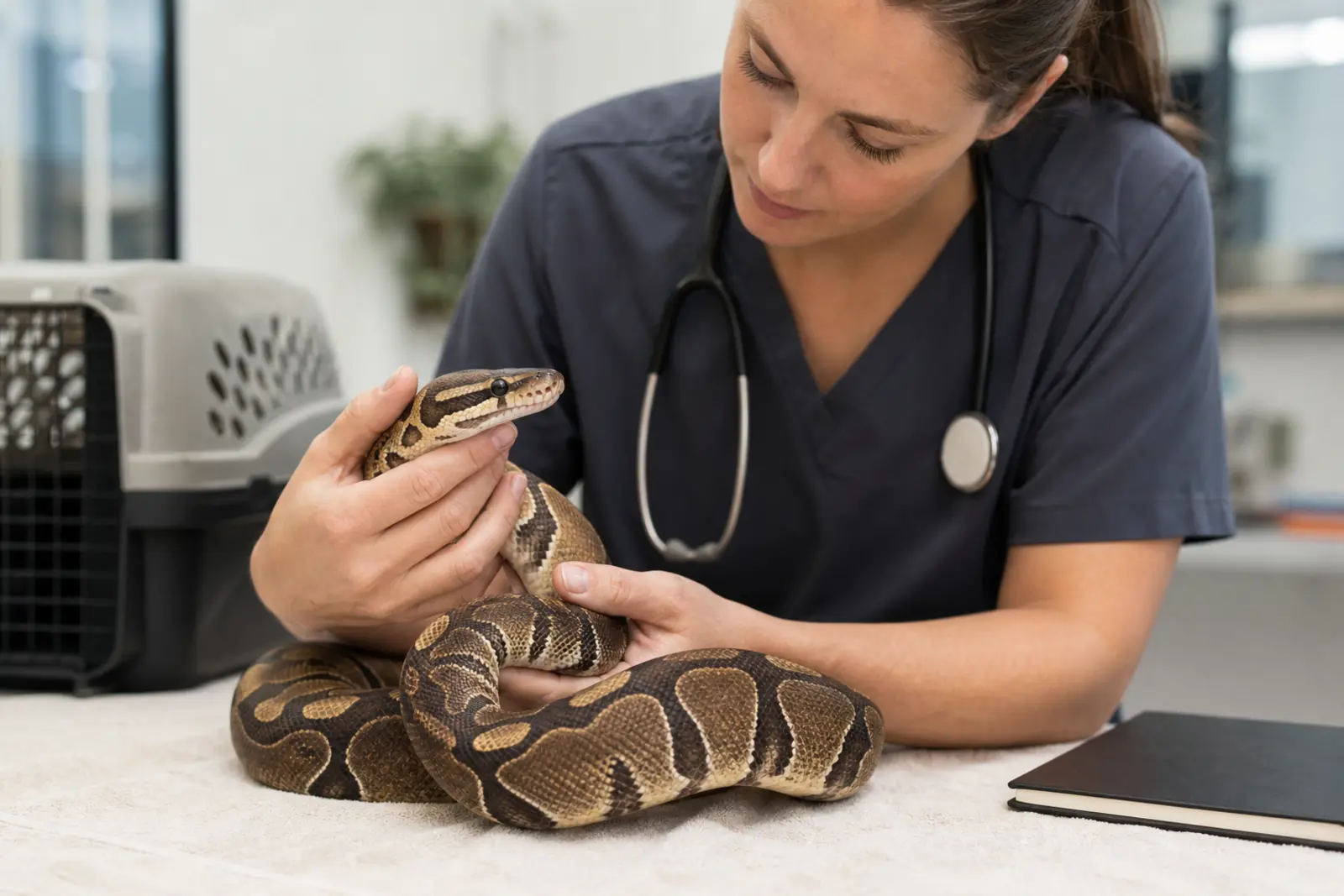Adult ball python receiving a calm wellness examination from a reptile veterinarian on a clean towel.