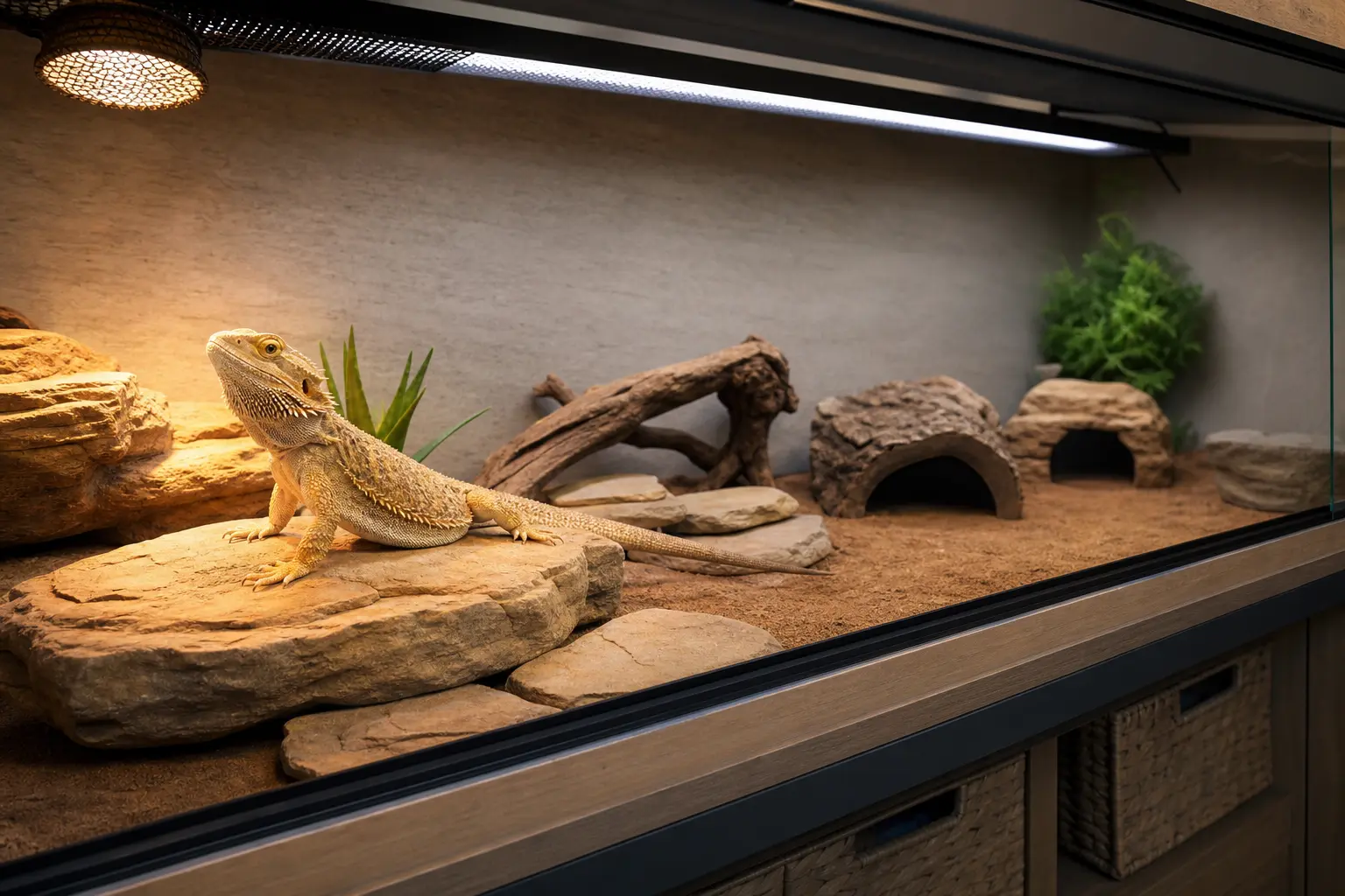 Adult bearded dragon in a wide habitat with a bright basking end, linear lighting, hides, branches, and open floor space.