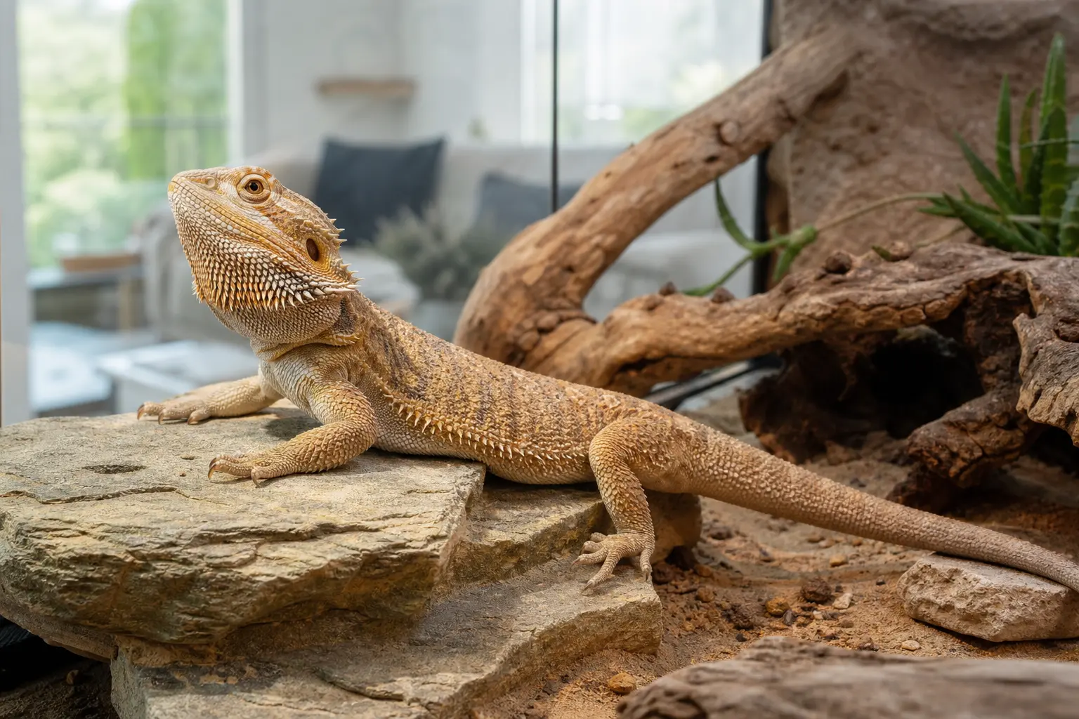 Adult bearded dragon moving between an open basking ledge, cork branches, and a shaded retreat.