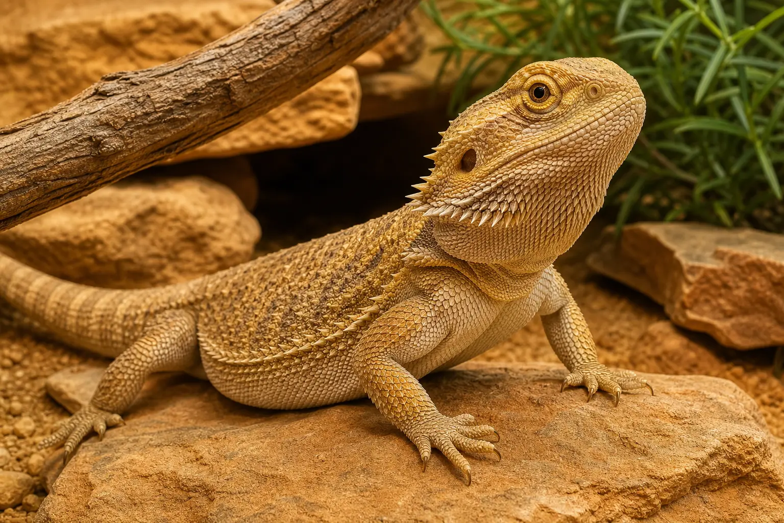 Alert adult bearded dragon resting on a broad warm rock beside cork, shade, and low cover.