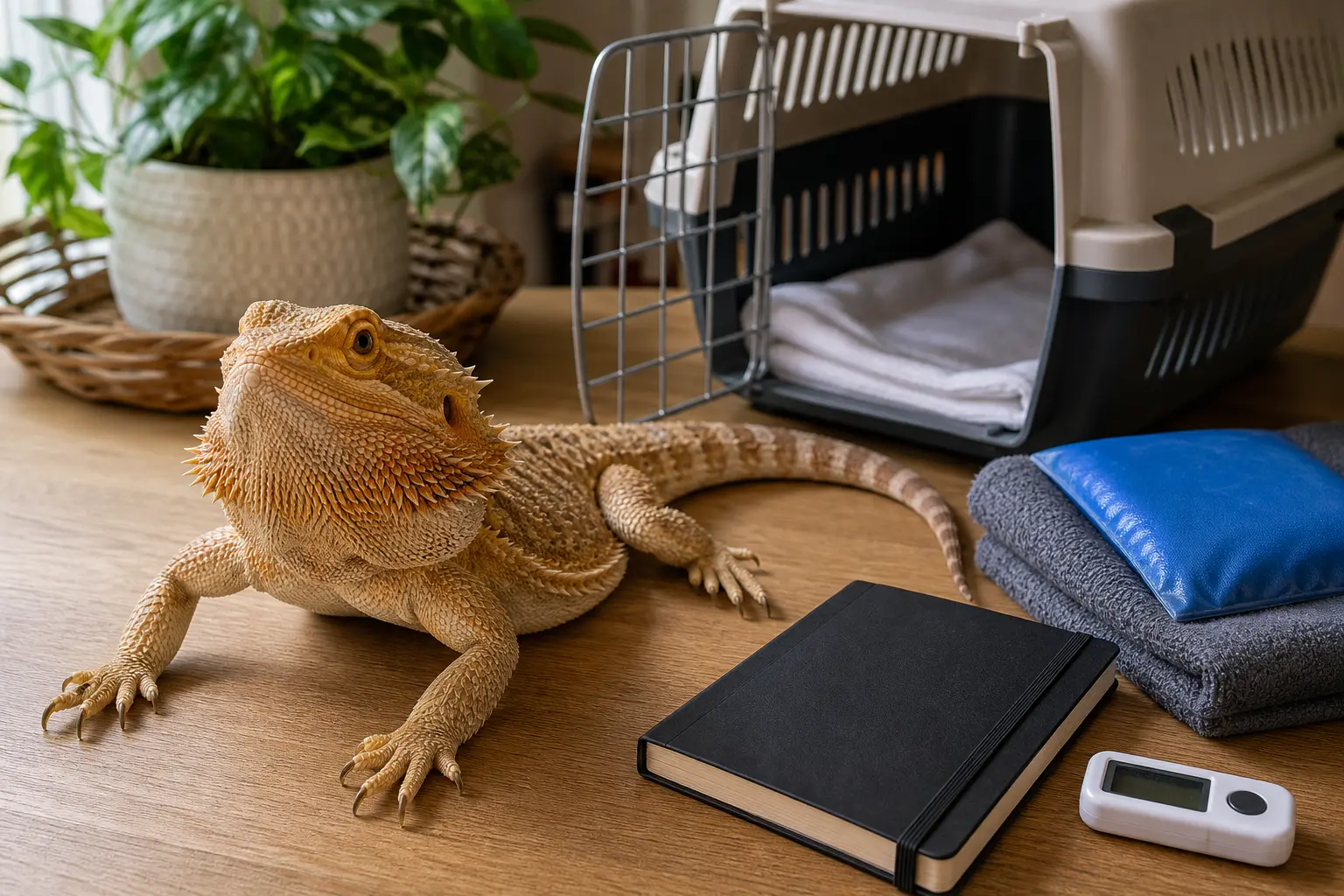 Healthy adult bearded dragon beside a secure ventilated carrier, clean towel, digital thermometer, blank care notebook, and safely buffered temperature pack.