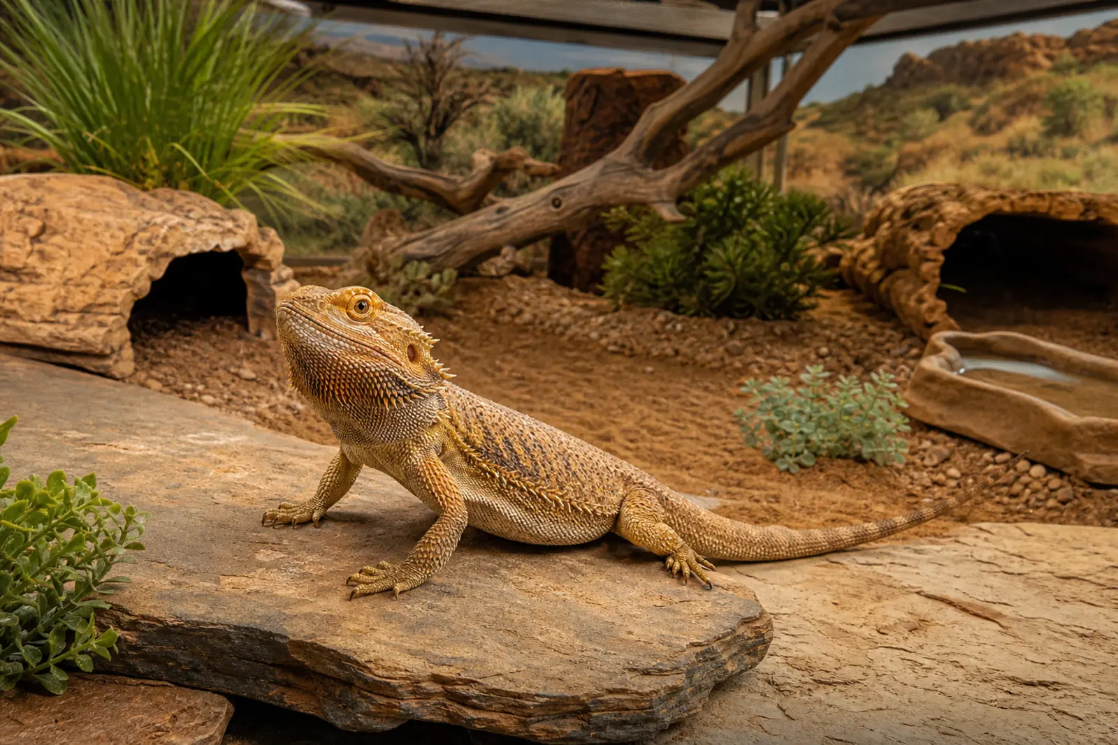 Adult bearded dragon in a spacious naturalistic enclosure with warm and cool hides, a broad basking ledge, sturdy branches, a dig area, and fresh water.