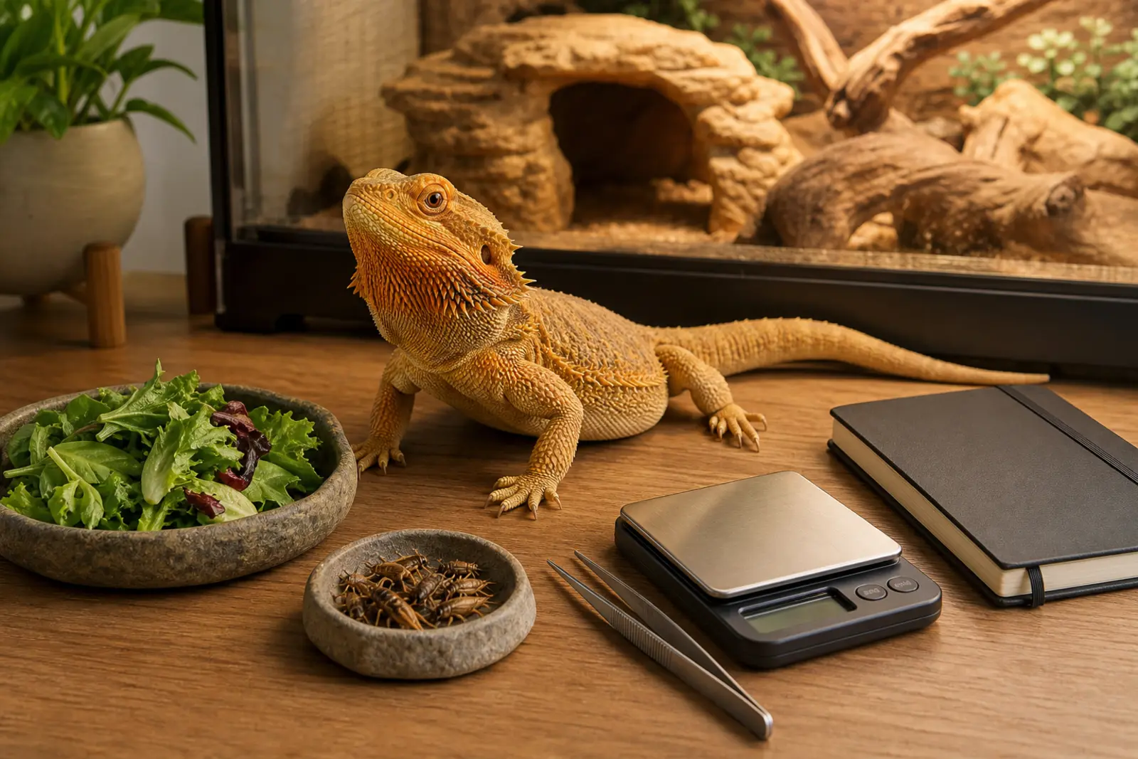 Adult bearded dragon beside a measured morning meal, feeding tools, a gram scale, and a closed care notebook.