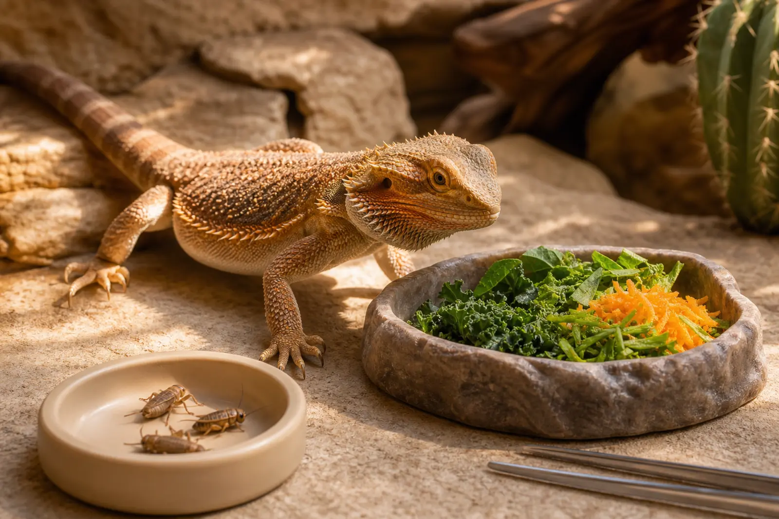 Adult bearded dragon approaching varied leafy greens and a separate modest portion of captive-bred feeder insects.