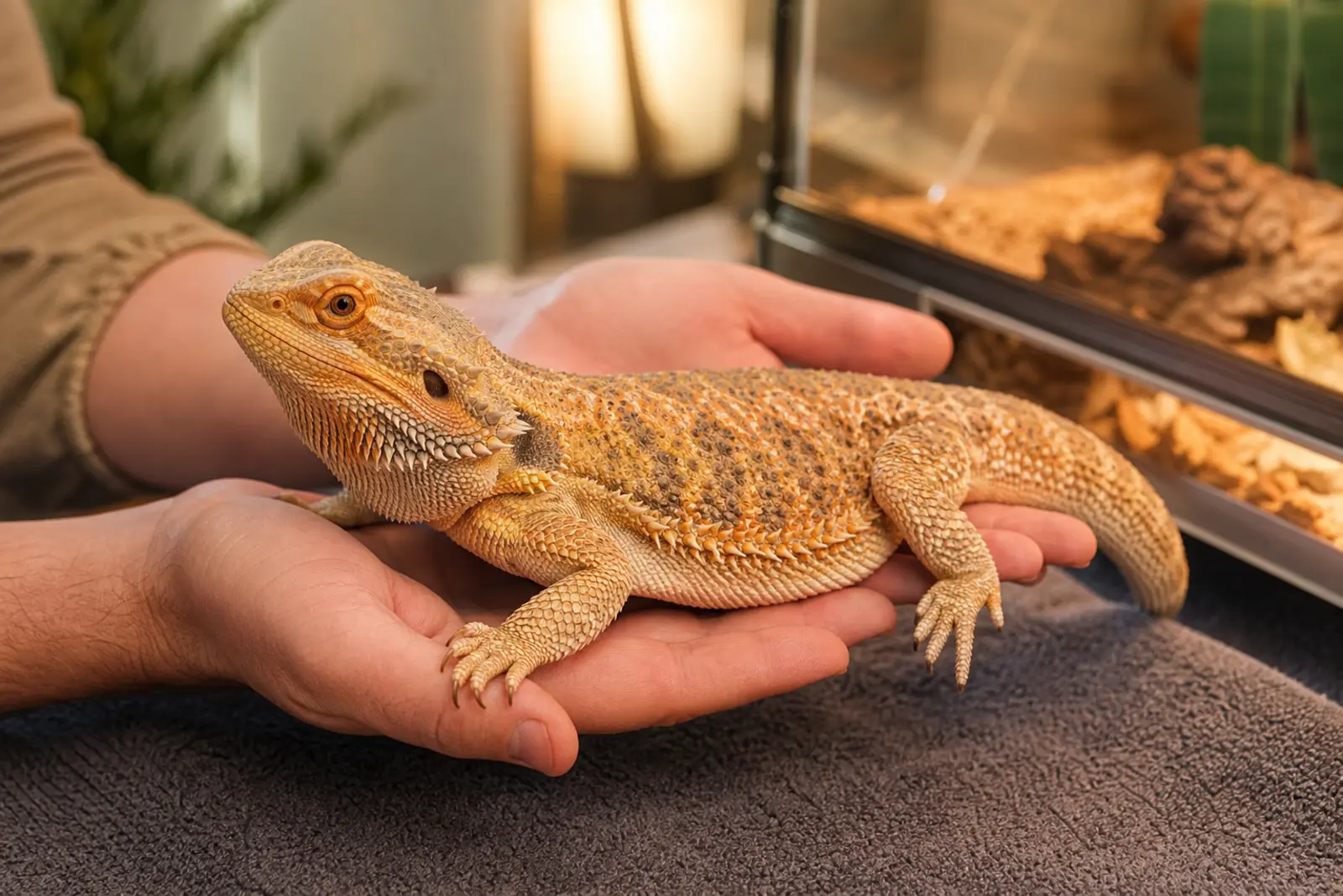 Adult bearded dragon resting calmly across two open hands with its body and all four feet supported.