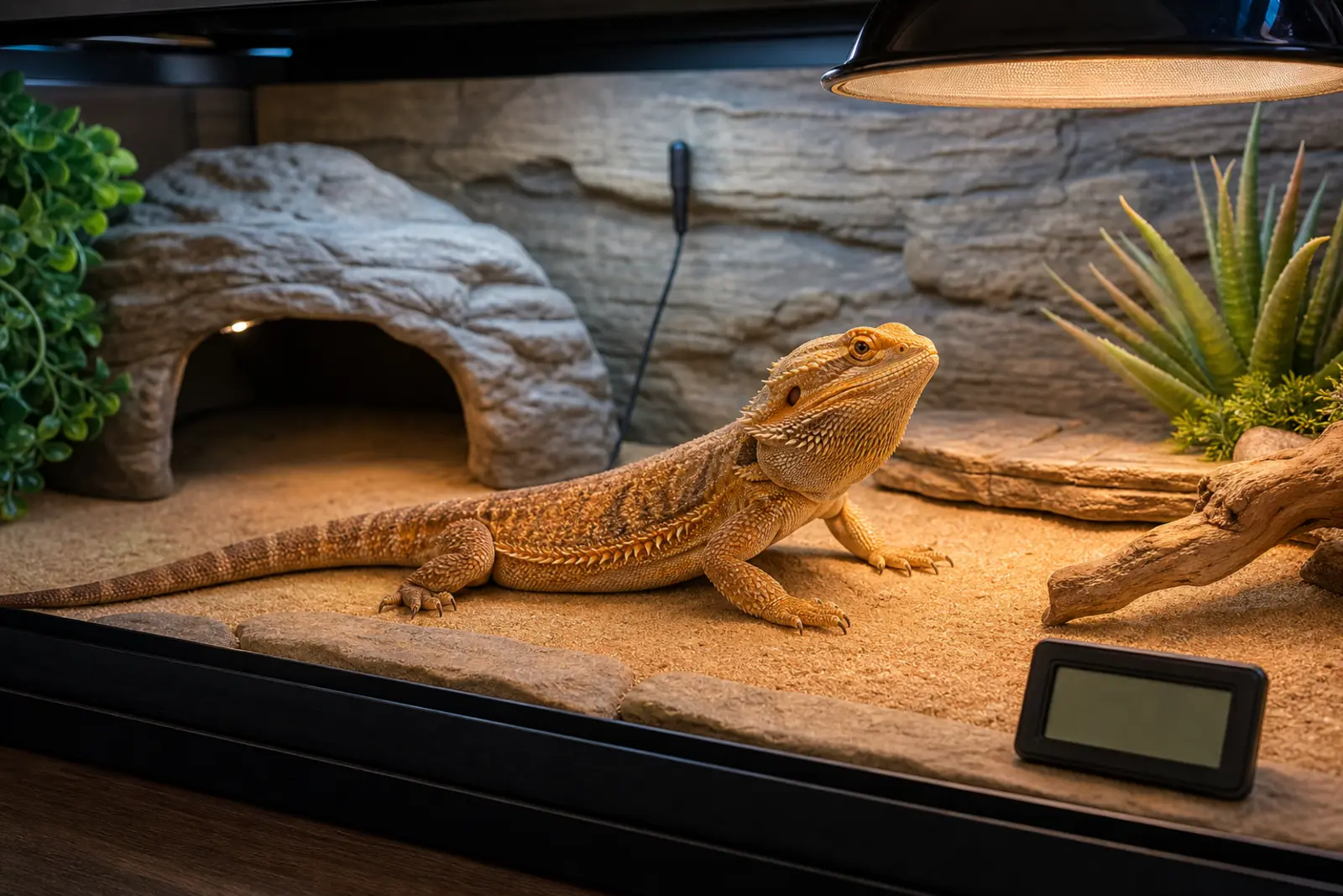 Adult bearded dragon basking beneath guarded overhead heat beside a fixed probe, a blank thermometer, and a shaded cool retreat.