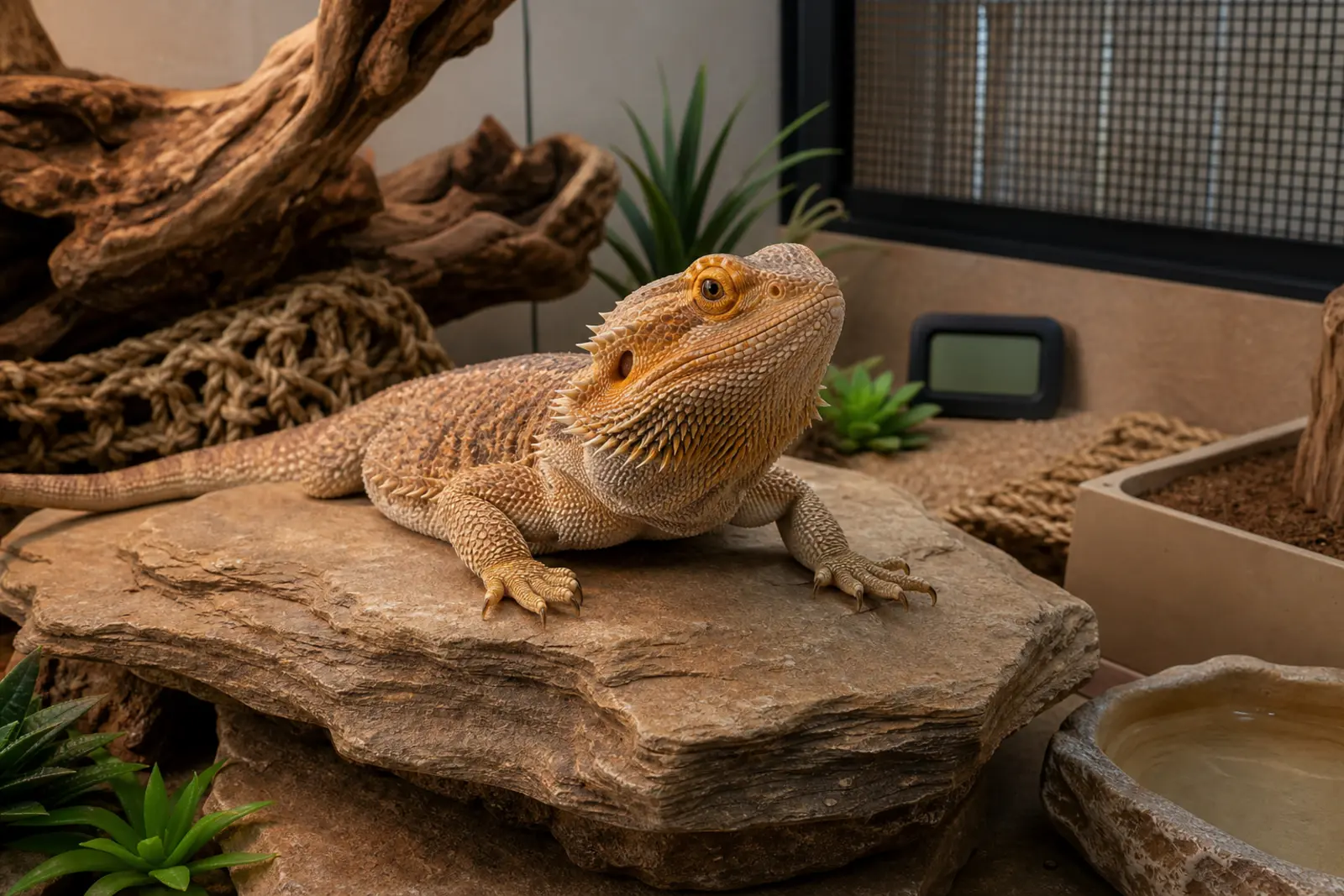 Adult bearded dragon in a dry ventilated habitat beside fresh water, a contained dig area, and a blank hygrometer.