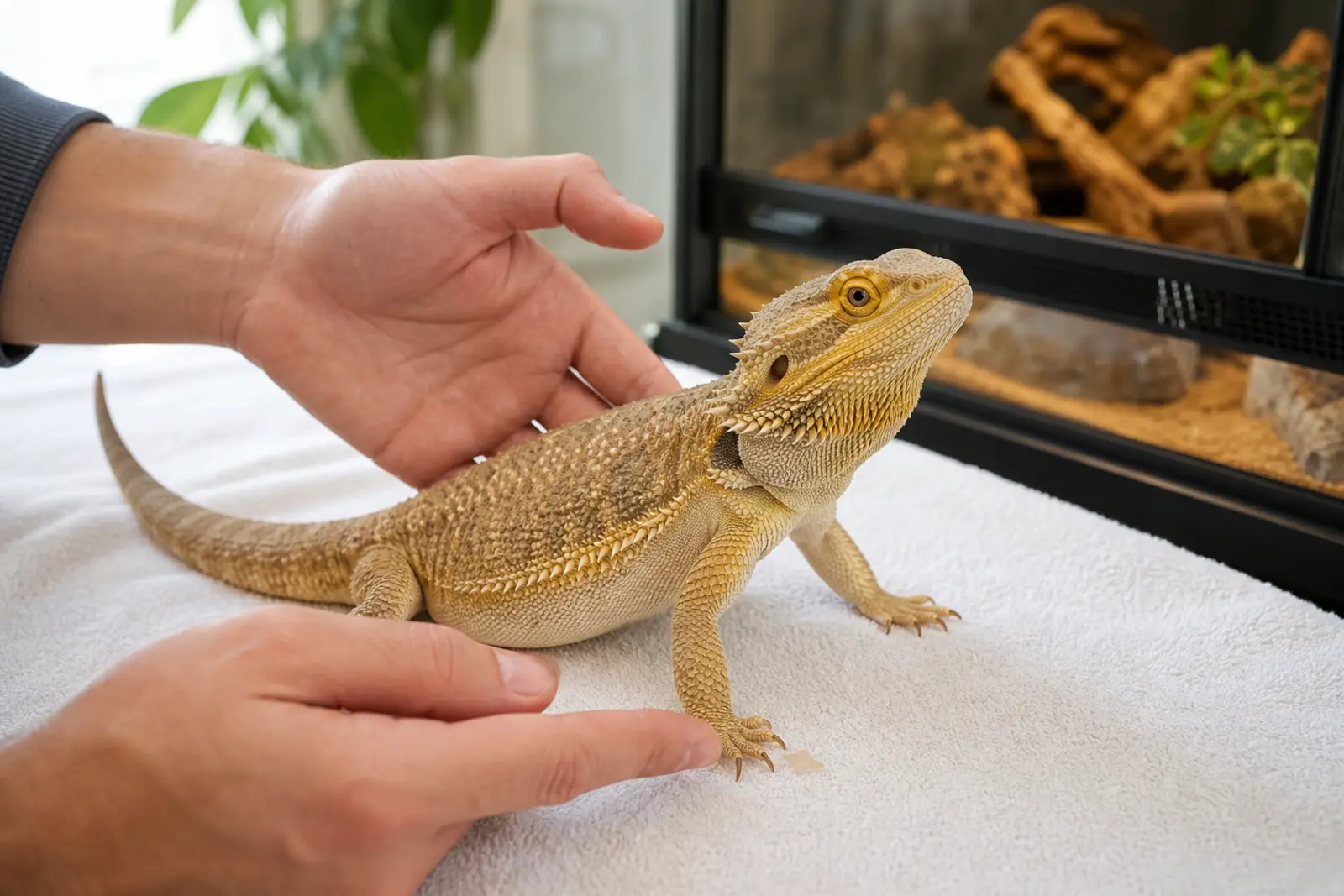 Adult bearded dragon standing calmly during a gentle post-shed check of its toes and tail tip.