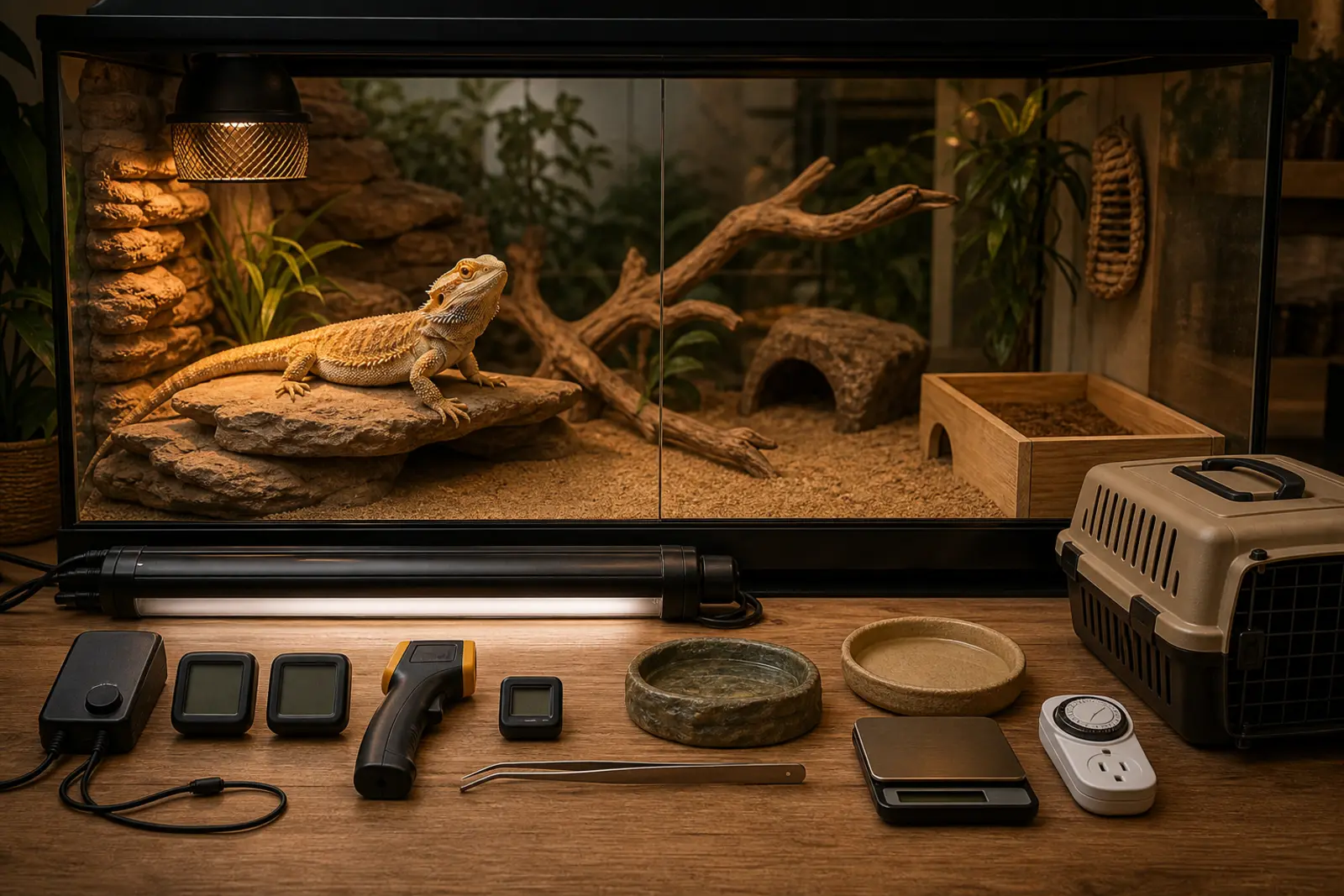 Adult bearded dragon in a finished habitat beside organized lighting, climate controls, dishes, feeding tools, a scale, and a carrier.