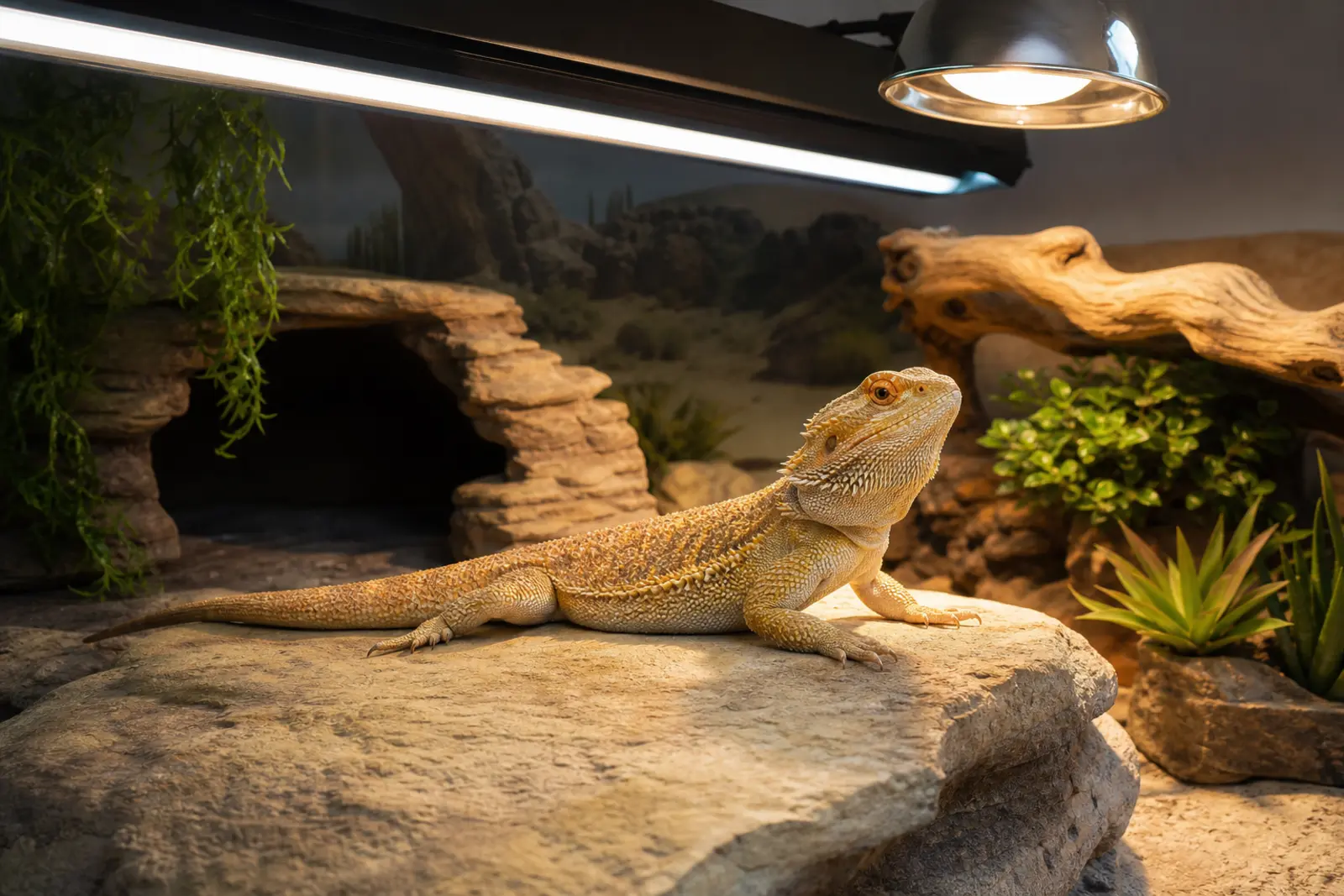Adult bearded dragon using a broad basking platform beneath linear UVB and heat with deep shade immediately available.