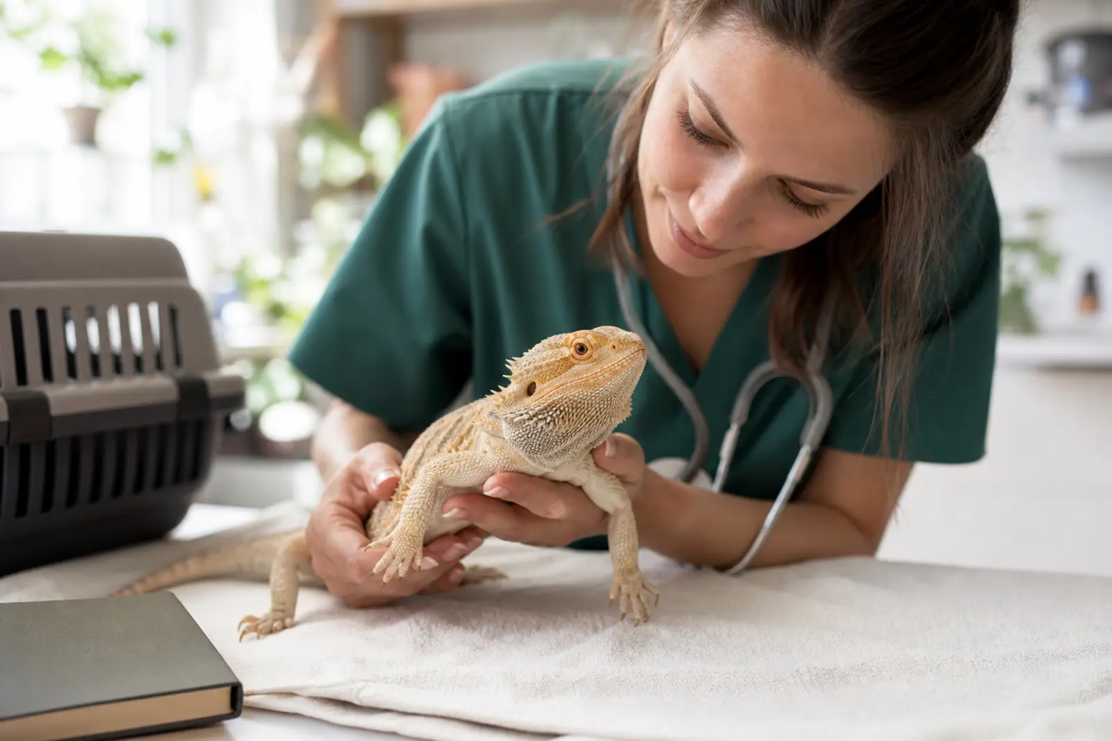 Adult bearded dragon receiving a calm wellness examination from a reptile veterinarian on a clean towel.