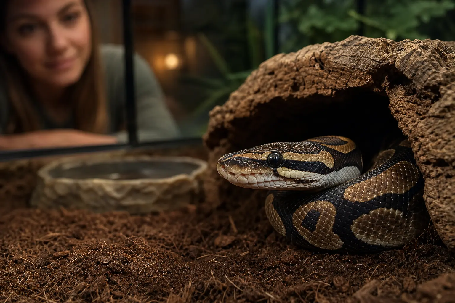 Healthy adult ball python watching its keeper from the opening of a snug cork hide.