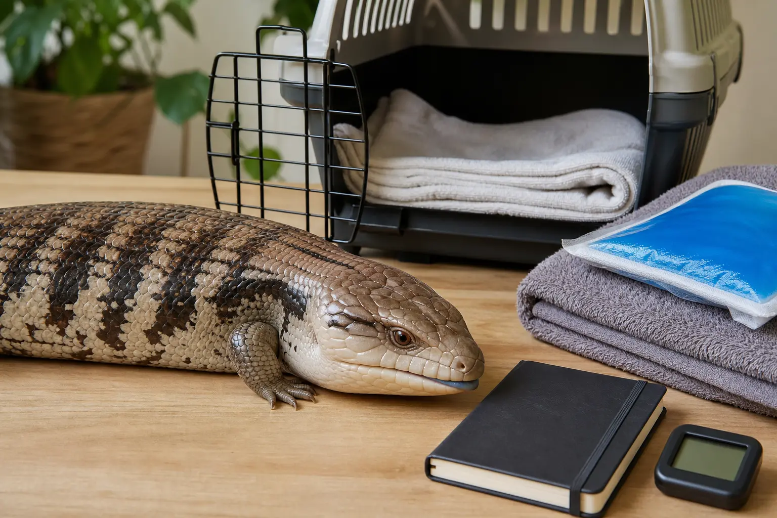 Healthy adult eastern blue-tongued skink beside a secure ventilated carrier, clean towel, digital thermometer, blank care notebook, and safely buffered temperature pack.