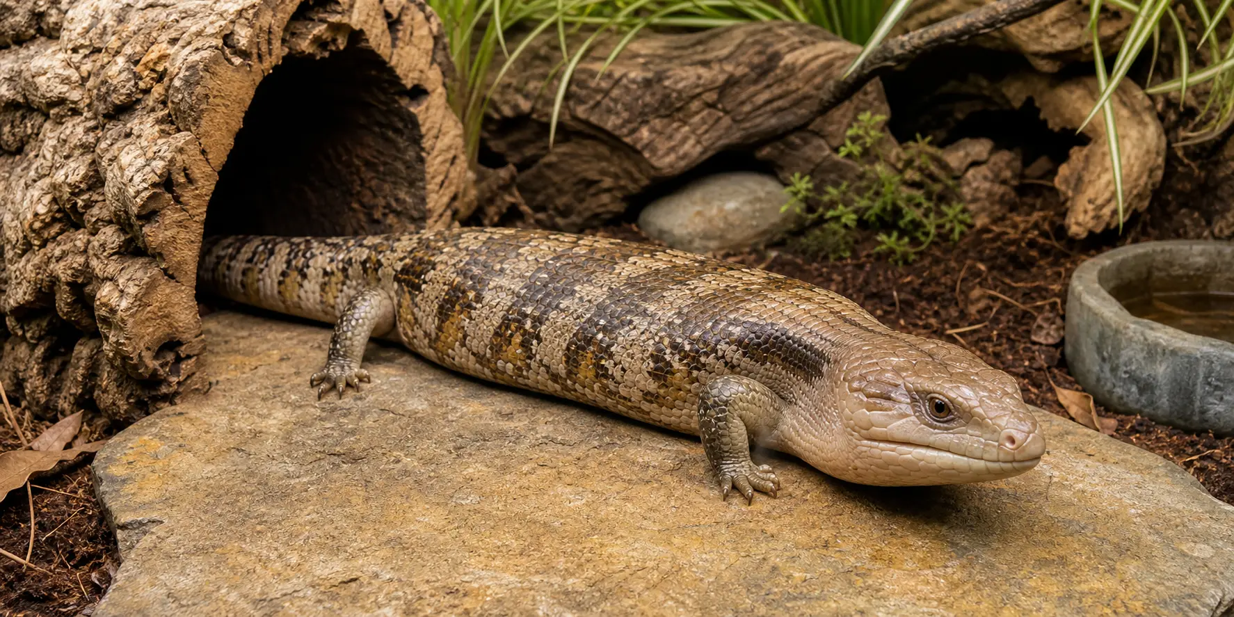 Adult eastern blue-tongued skink in a broad enclosure with deep burrowing substrate, warm and cool hides, a wide basking stone, a moist retreat, and fresh water.