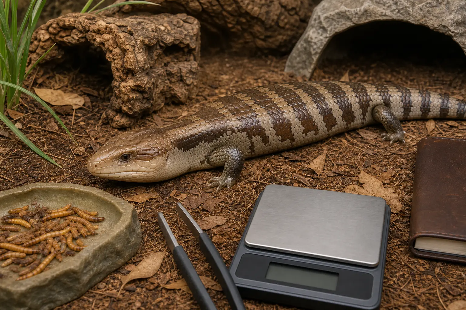 Adult eastern blue-tongued skink beside a measured daytime meal, feeding tools, a gram scale, and a closed care notebook.