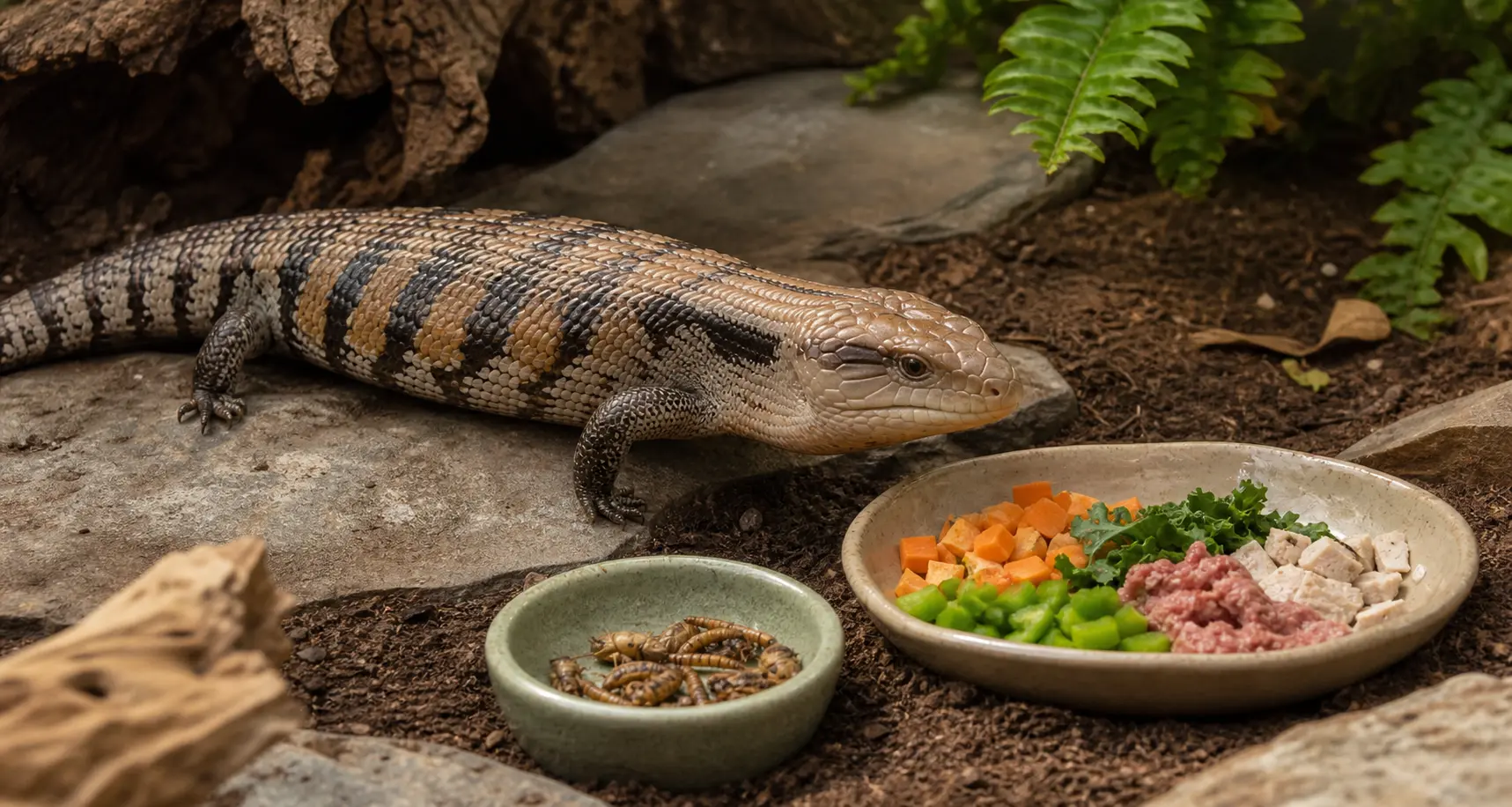 Adult eastern blue-tongued skink approaching a varied measured meal of safe vegetables and appropriately prepared animal foods with live feeders kept separate.