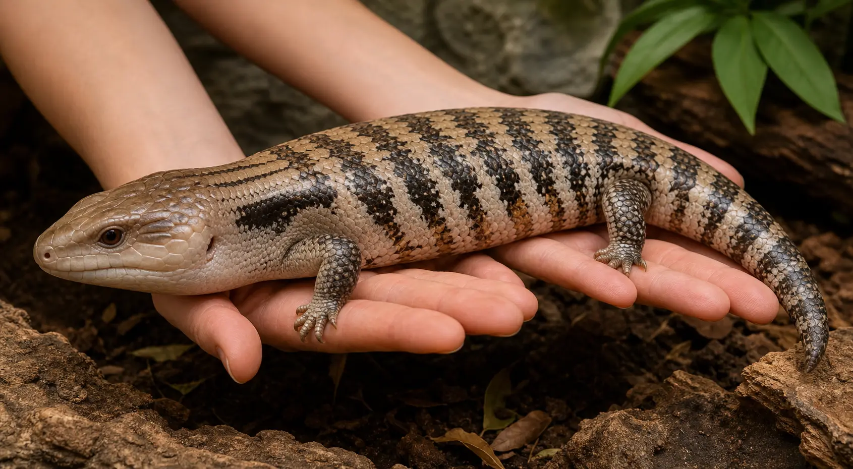 Adult eastern blue-tongued skink resting calmly across two open hands with its heavy body and all four short legs supported.