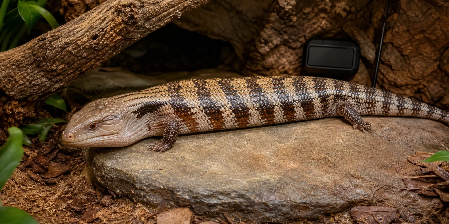 Adult eastern blue-tongued skink basking on a broad stone beneath guarded overhead heat with fixed probes and a shaded cool retreat.
